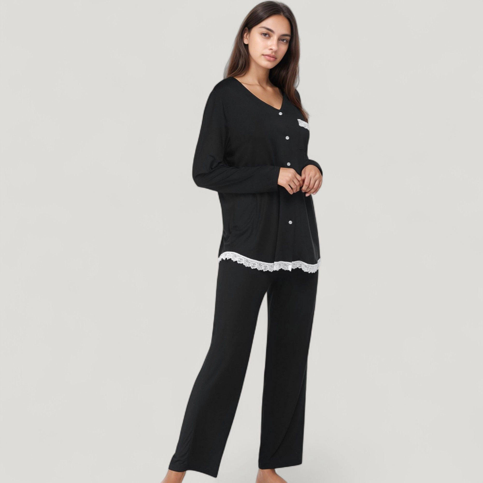 Anna-Kaci Women's Lace Trim Button Down Long Sleeve Top and Lounge Pants 2-Piece Pajama Set