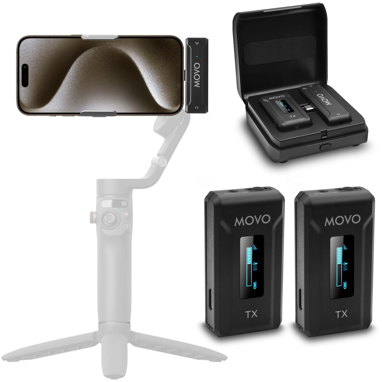 Movo WMX-2-C-DUO Dual Wireless Lavalier Microphone System with Charging Case for iPhone 15 and up