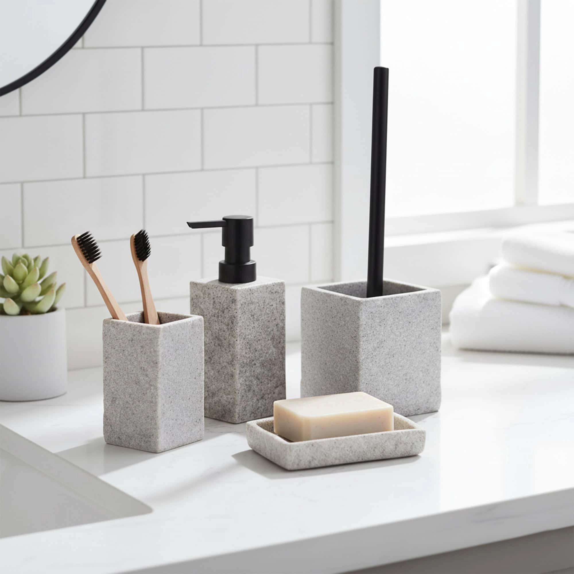 Evideco French Home Goods Stone-effect Polyresin Square Toilet Brush and Holder Set, Sandstone