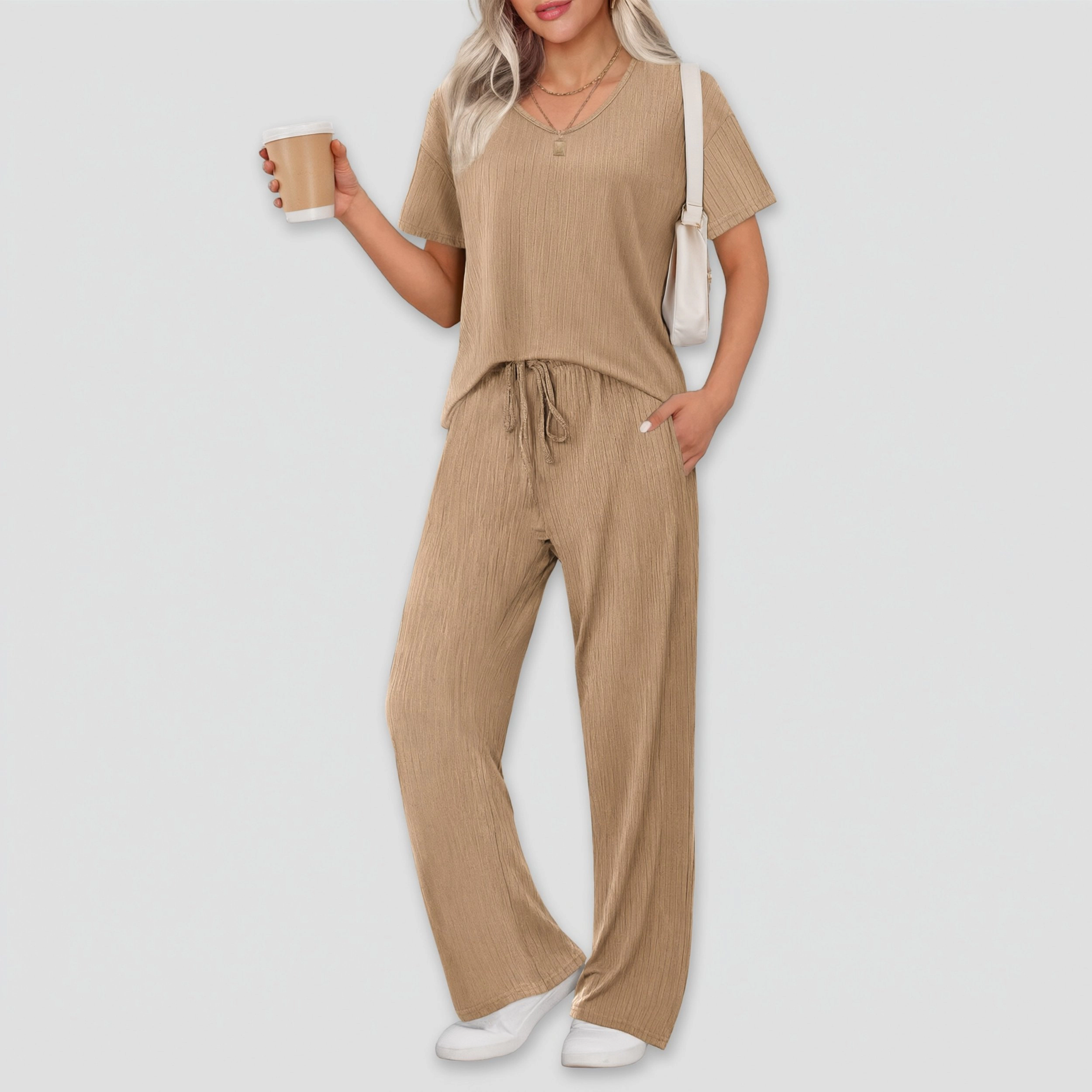 Ekouaer Lounge Sets for Women Ribbed Pajama Set Short Sleeve Top and Long Pants with Pockets