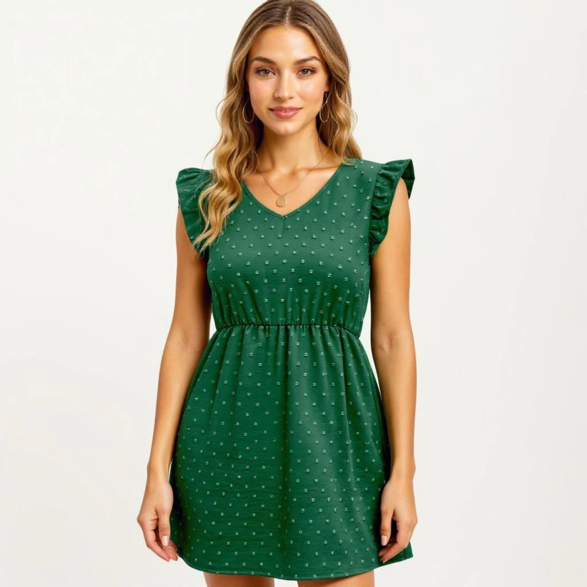 Anna-Kaci Women's Swiss Dot Babydoll Dress with Ruffle Sleeves and V-Neckline