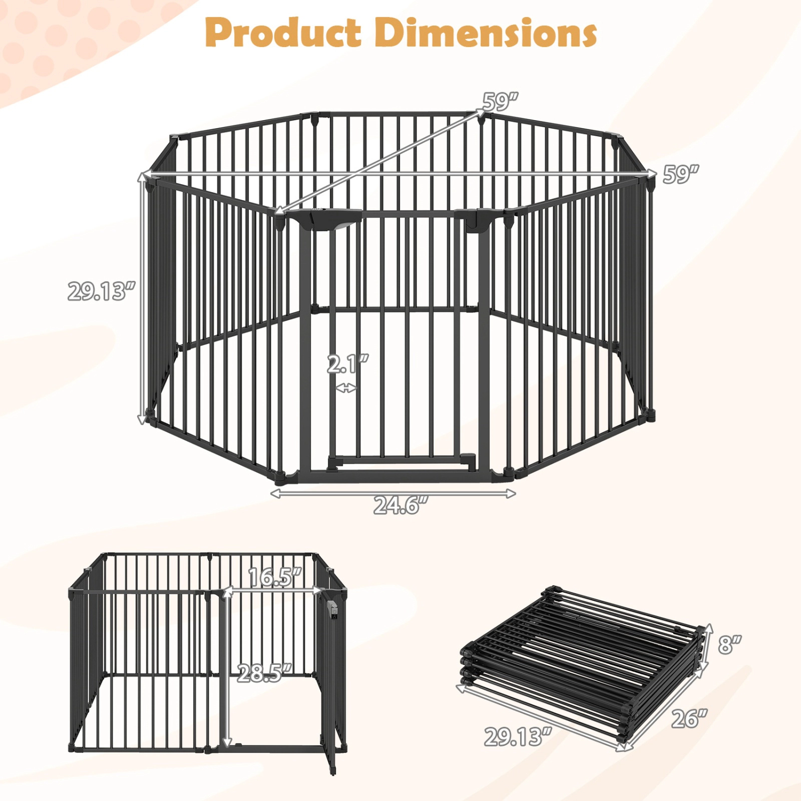 SUGIFT 8-Panel Extra Wide Pet Safety Gate Black with Auto-Close Lockable Door