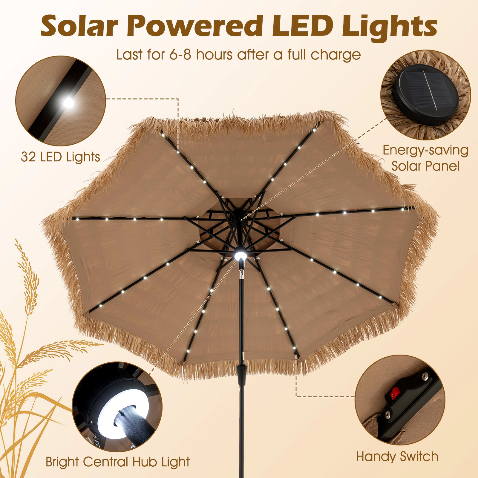 SUGIFT 10-ft Natural Thatched Tiki Patio Umbrella with Solar LED Lights 11-Tier Hawaiian Canopy and Crank