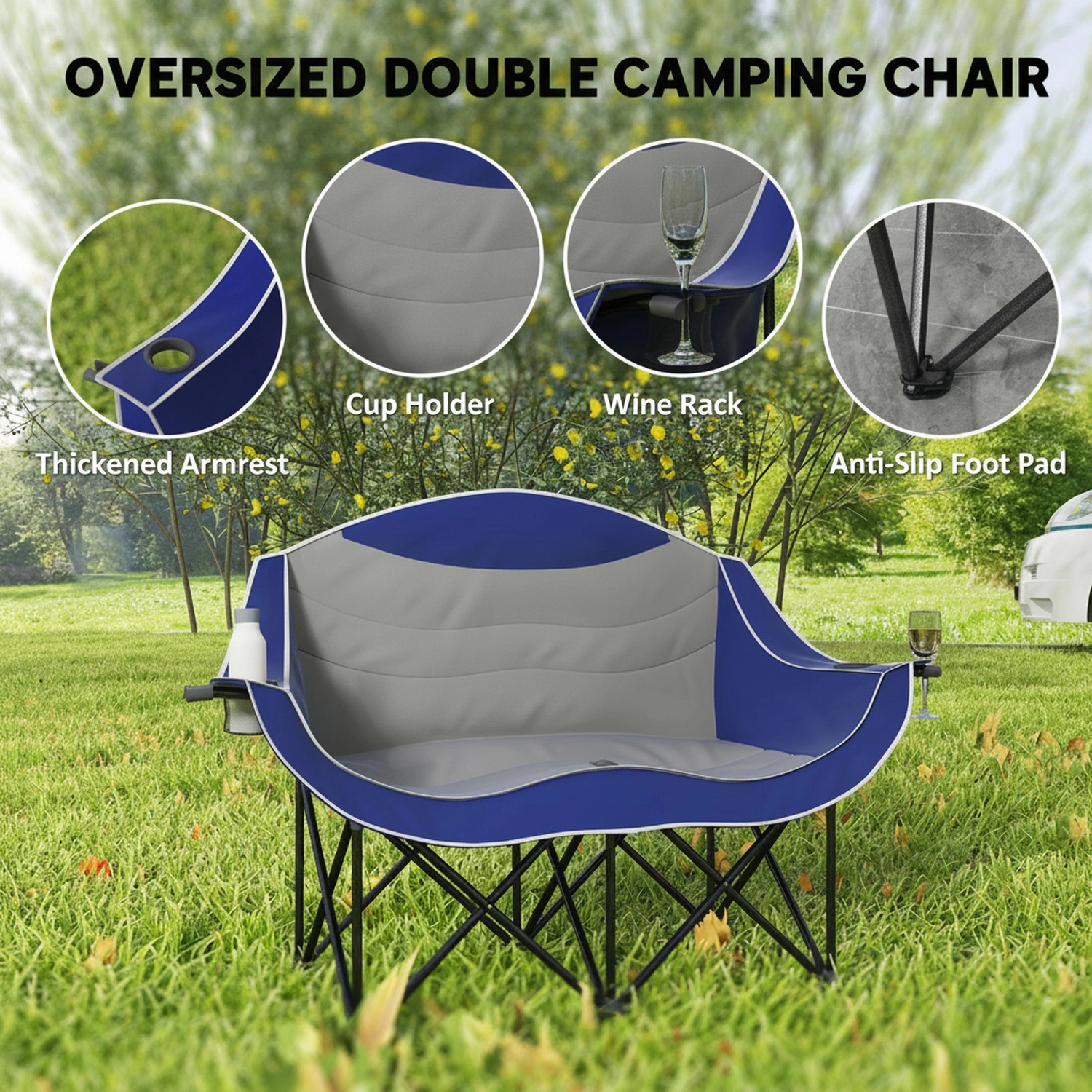 HONGGE Padded Folding Camp Chair for Adults, Double Camping Chair with Armrests, Cup Holders, Carry Bag for Outdoor