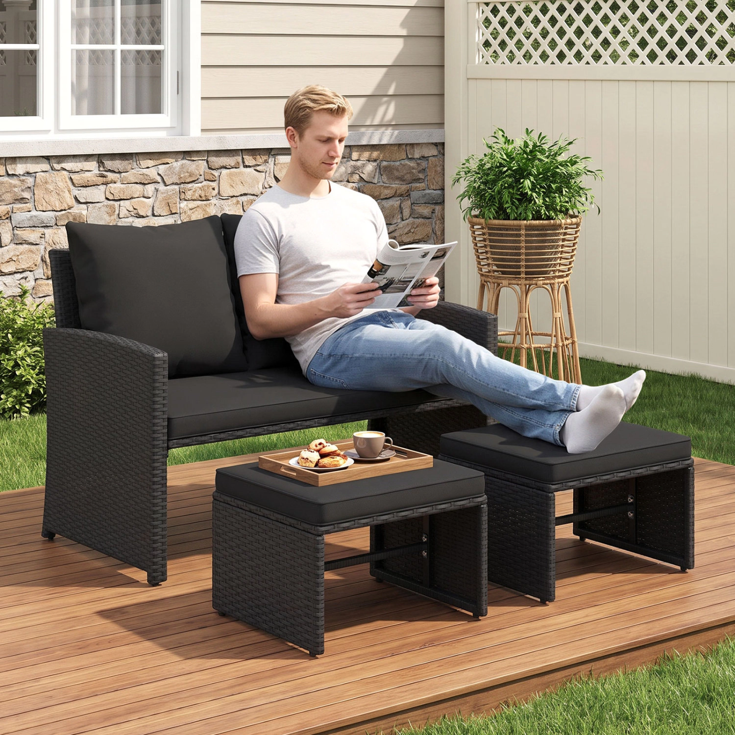 LJG 3 Pieces Outdoor Patio PE Wicker Furniture Set with Cushions