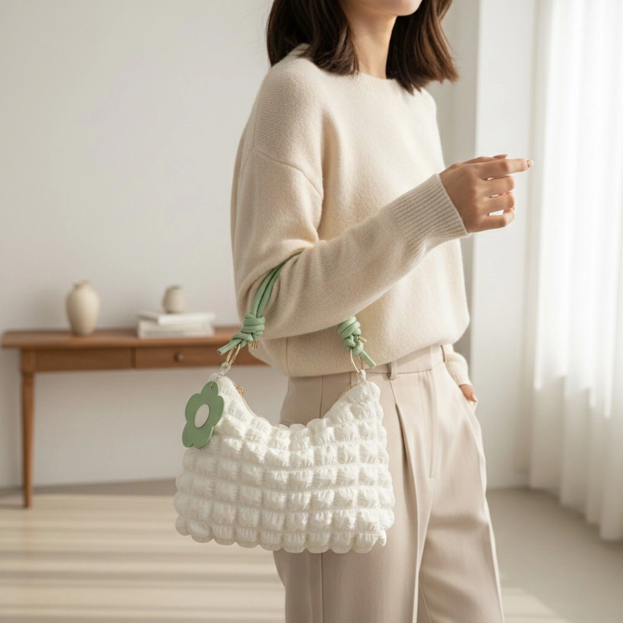 Alilang Women's Textured Shoulder Bag with Quilted Bubble Design Contrast Knot Handle and Flower Charm Accent