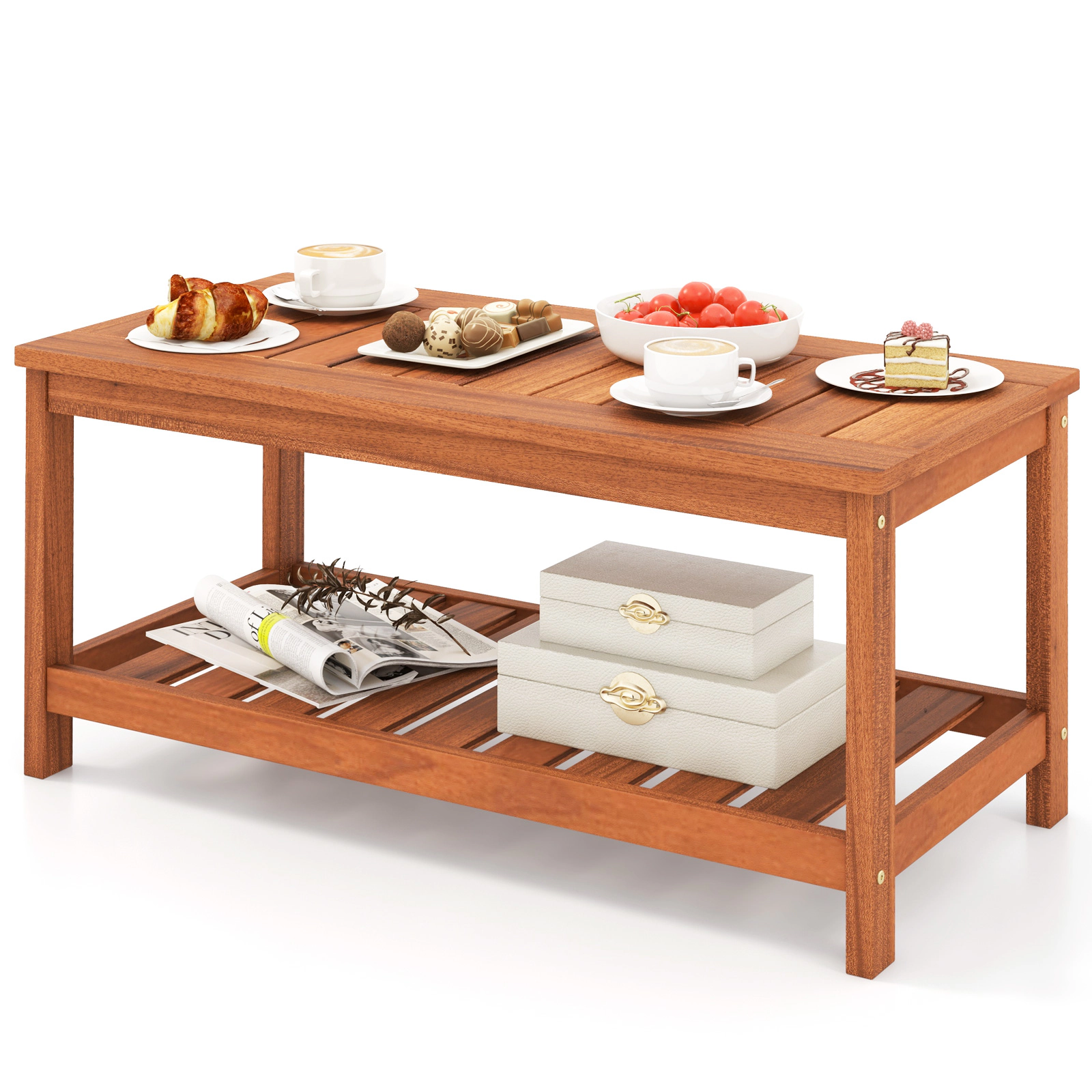 SUGIFT 2-Tier Patio Coffee Table Slatted Tabletop & Storage Shelf 110-lb Tabletop Capacity 55-lb Shelf Capacity Natural