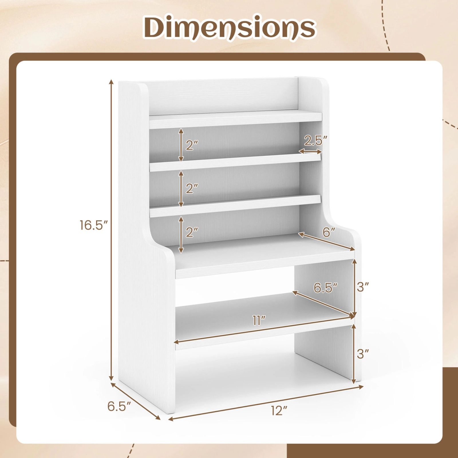 SUGIFT 6-Tier 55-lb Capacity White Mini Desktop Bookshelf Organizer with 2 Removable Shelves