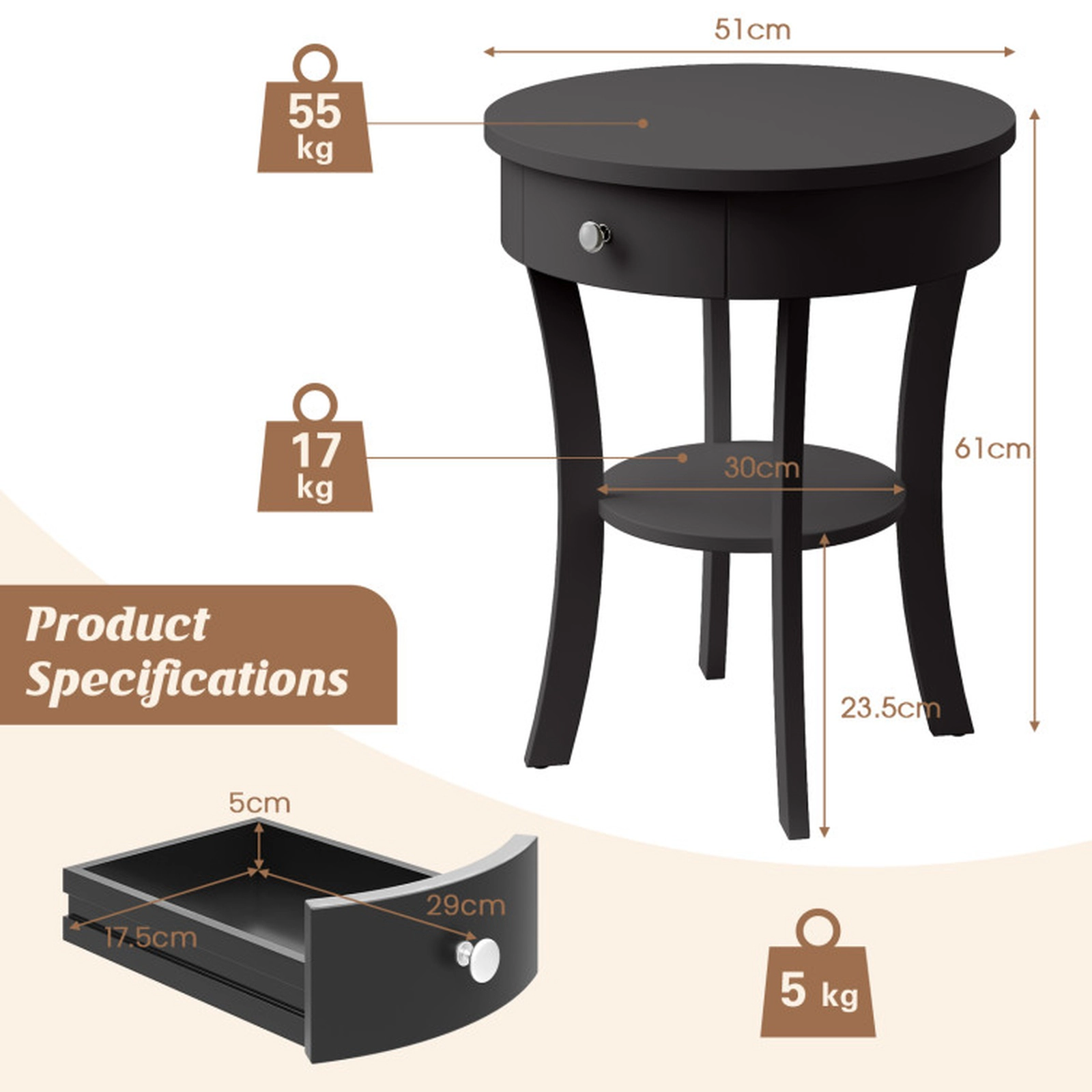 SUGIFT 2-Tier Wood Round End Table with Open Drawer 140-lb Tabletop Capacity Black