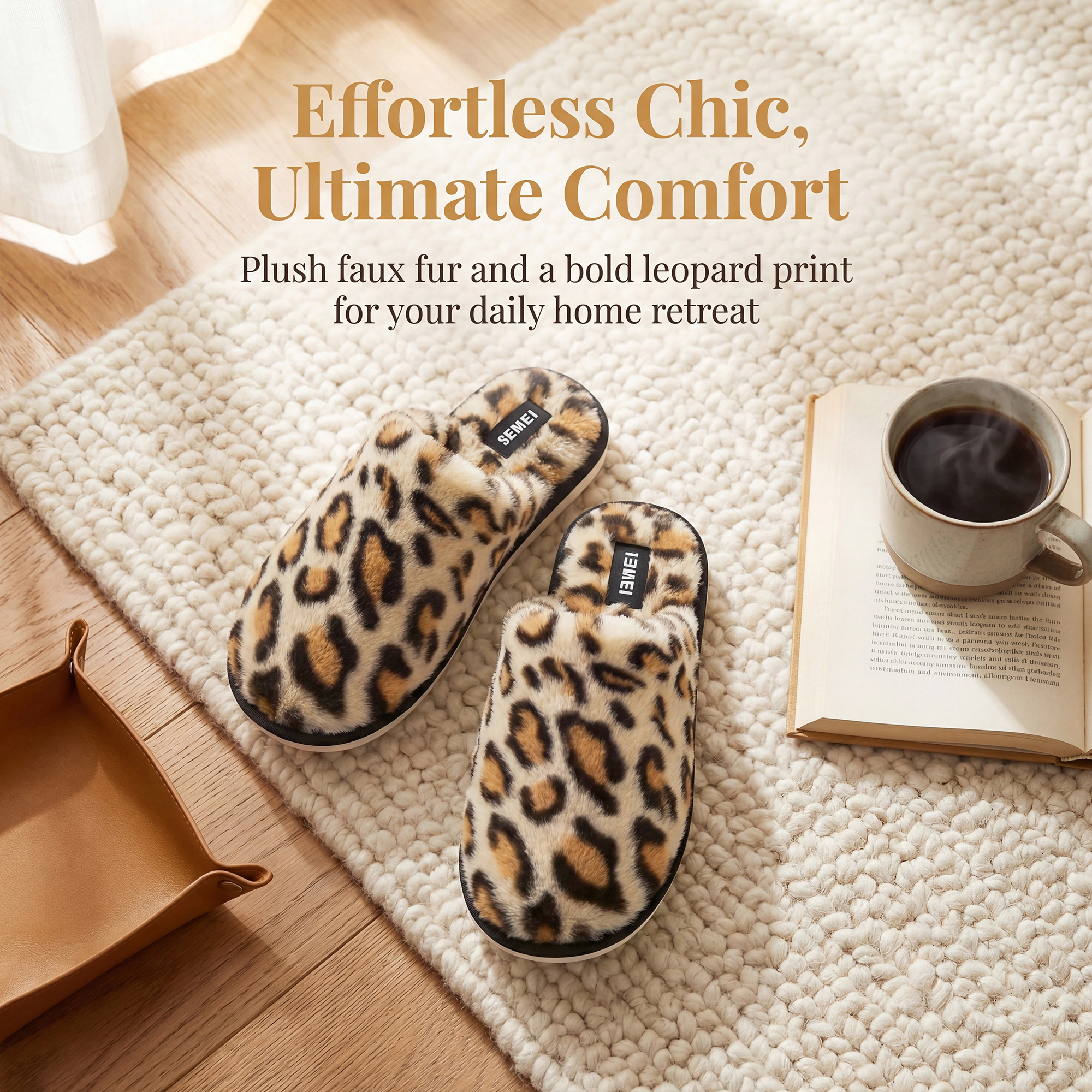 BLISSFUL STEP Women's Fuzzy Leopard Print Non-slip Indoor House Slippers
