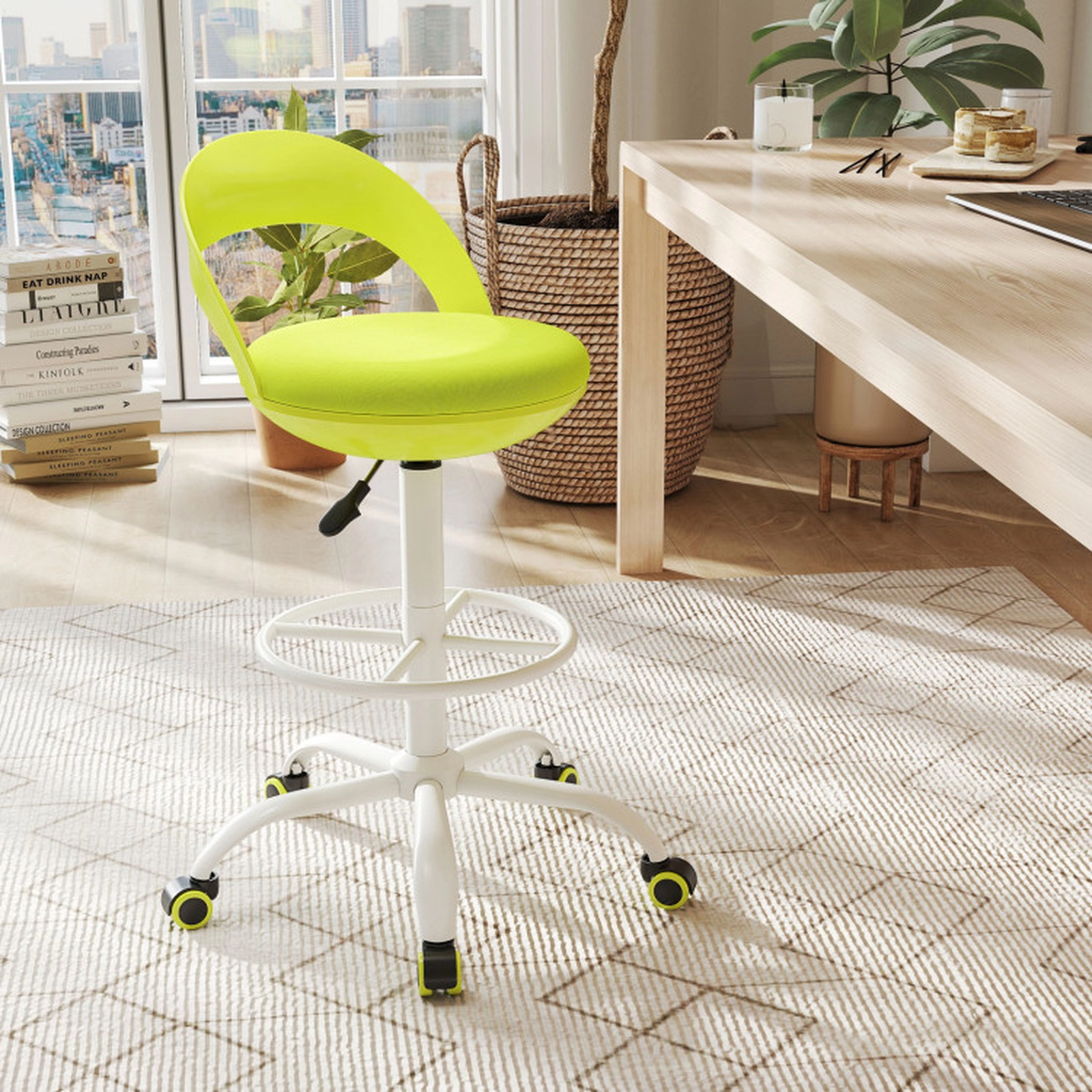 SUGIFT Adjustable Height Mesh Cushion Footrest Ring Rolling Drafting Stool 20.5-in x 18.5-in x 35-in 350-lb Green