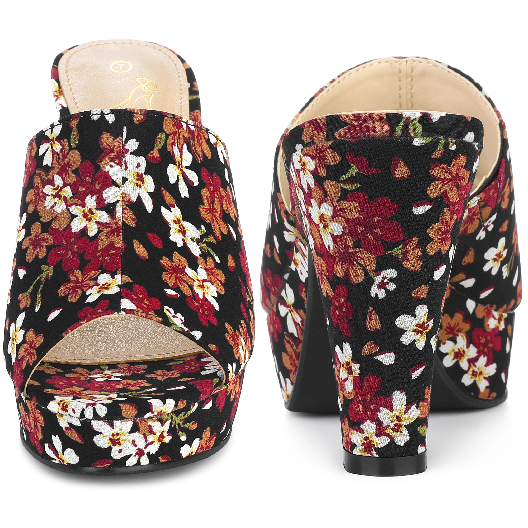 BLISSFUL STEP Women's Floral Open Toe Chunky Heel Platform Slip On Slides Sandals