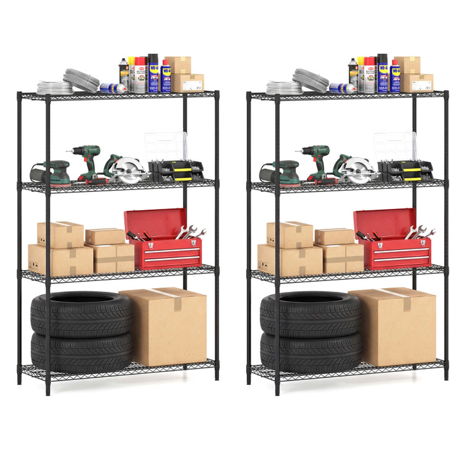 SUGIFT Set of 2 Black 4-Tier 800-lb Capacity Metal Garage Storage Shelving Units with V-Shaped Wire Racks