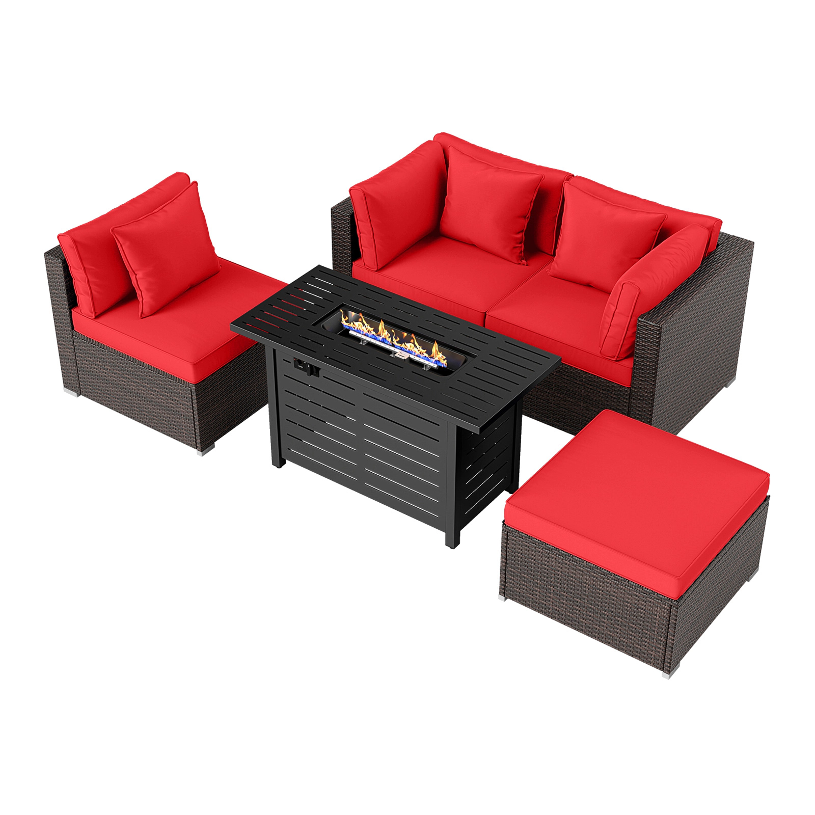 SUGIFT 5-Piece Red Rattan Patio Fire Pit Set, 60,000 BTU Fire Table, Corner Sofas and Ottoman
