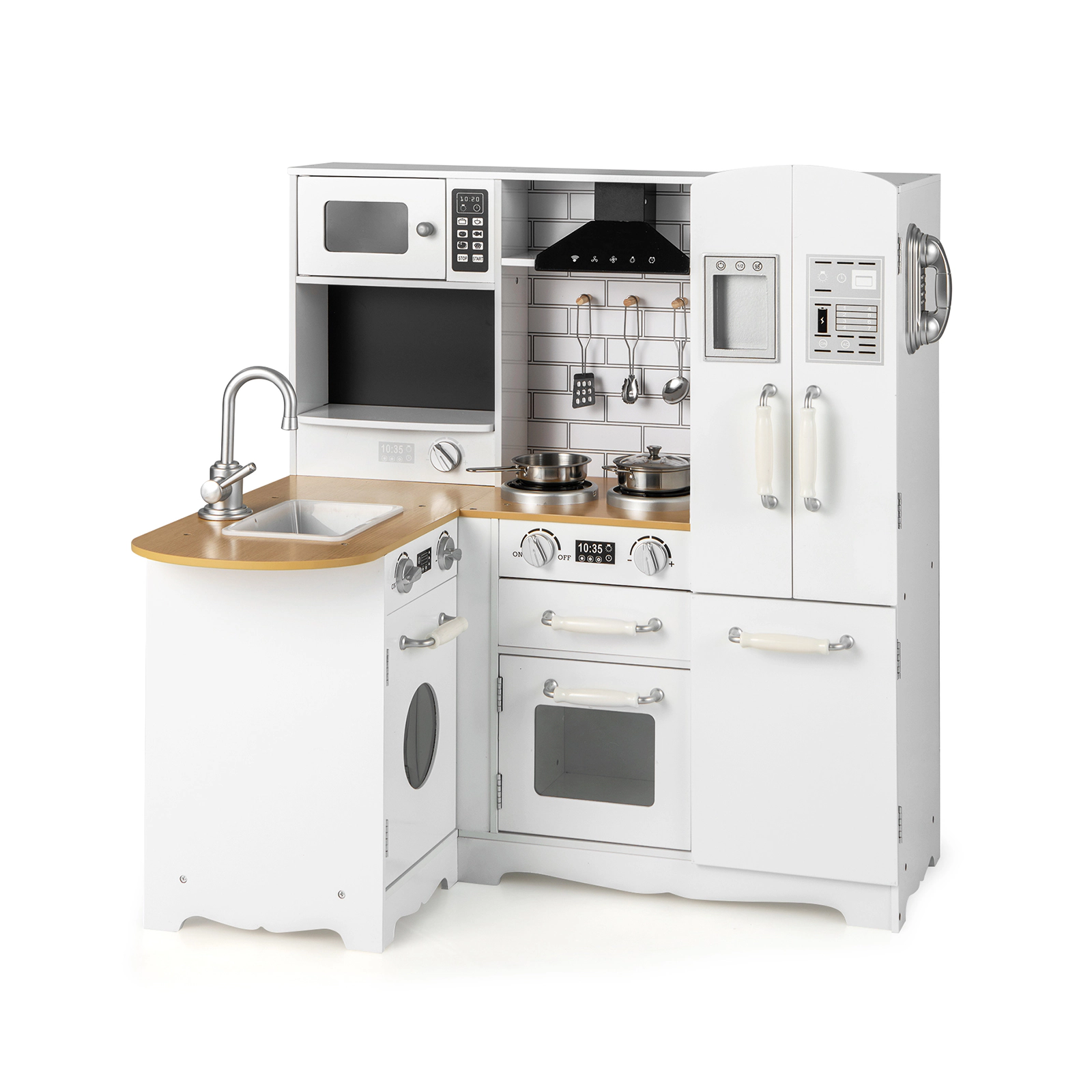 SUGIFT White Washing Machine Refrigerator and Telephone Kids Corner Wooden Play Kitchen