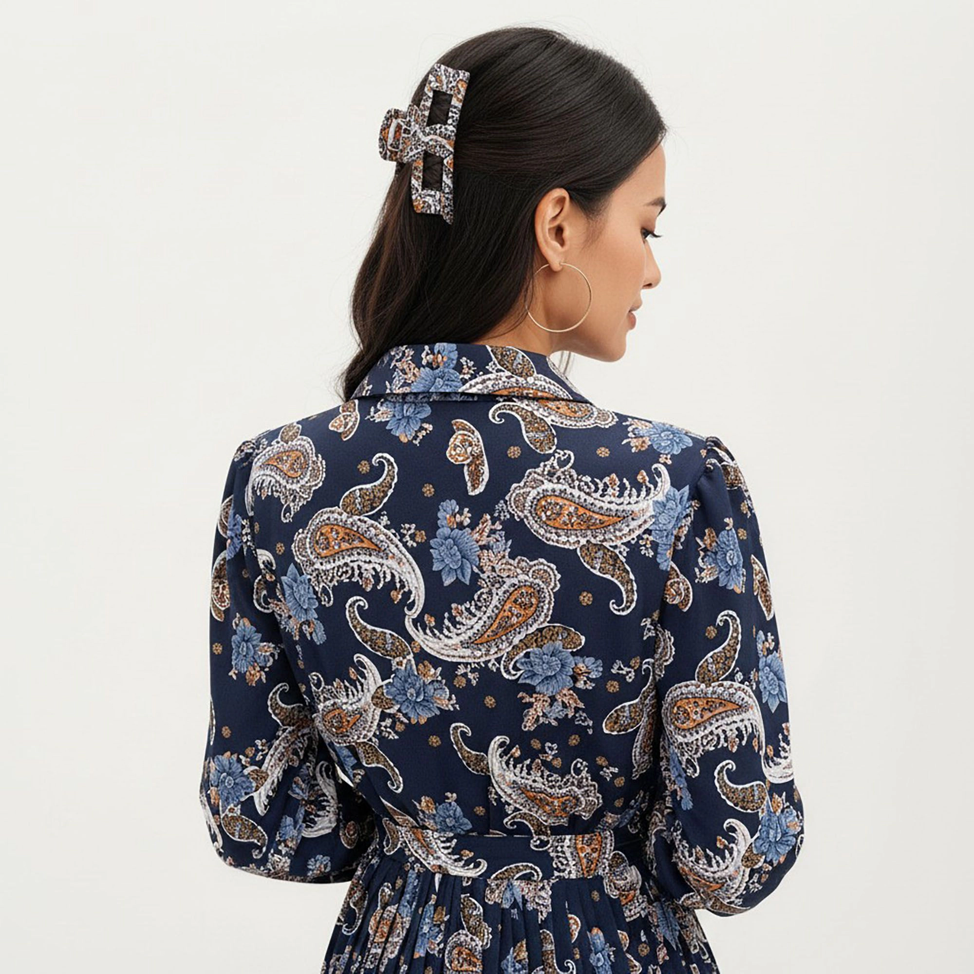 Anna-Kaci Women's Paisley Print Pleated Tie Waist Long Sleeve Shirt Dress