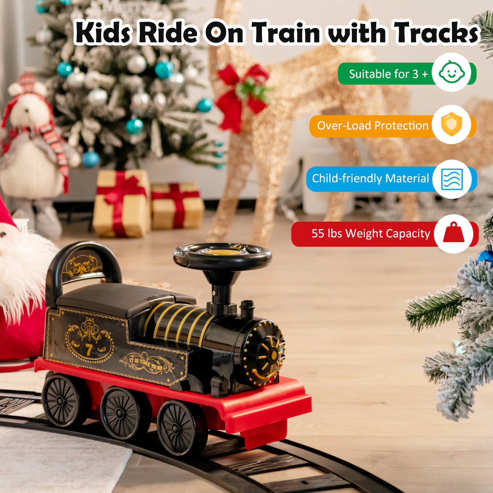 Costway 6V Electric Kids Ride On Train Motorized Toy w/ Track & 6 Wheels Blue