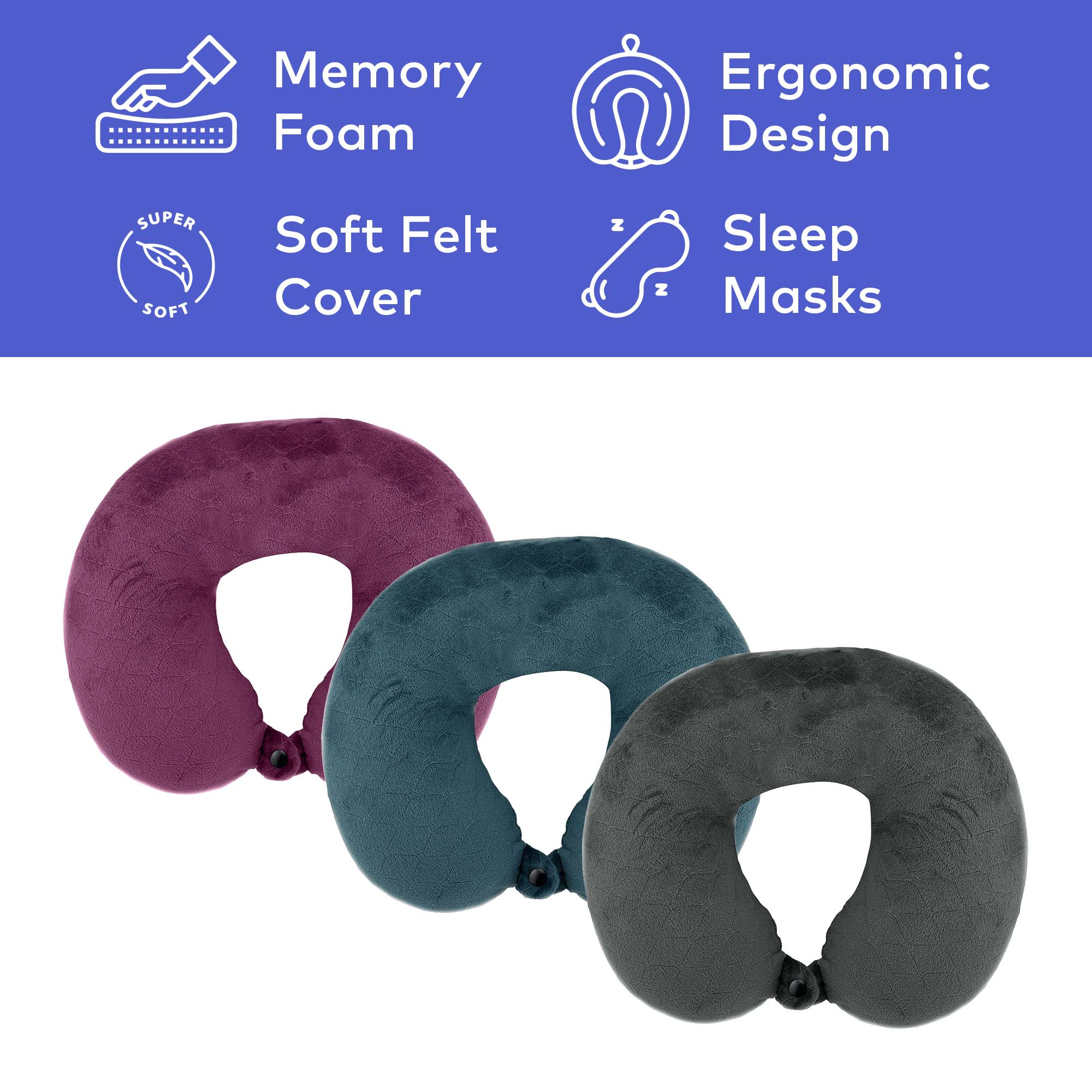 Pursonic Unisex  3 Memory Foam Travel Pillows with Sleep Masks