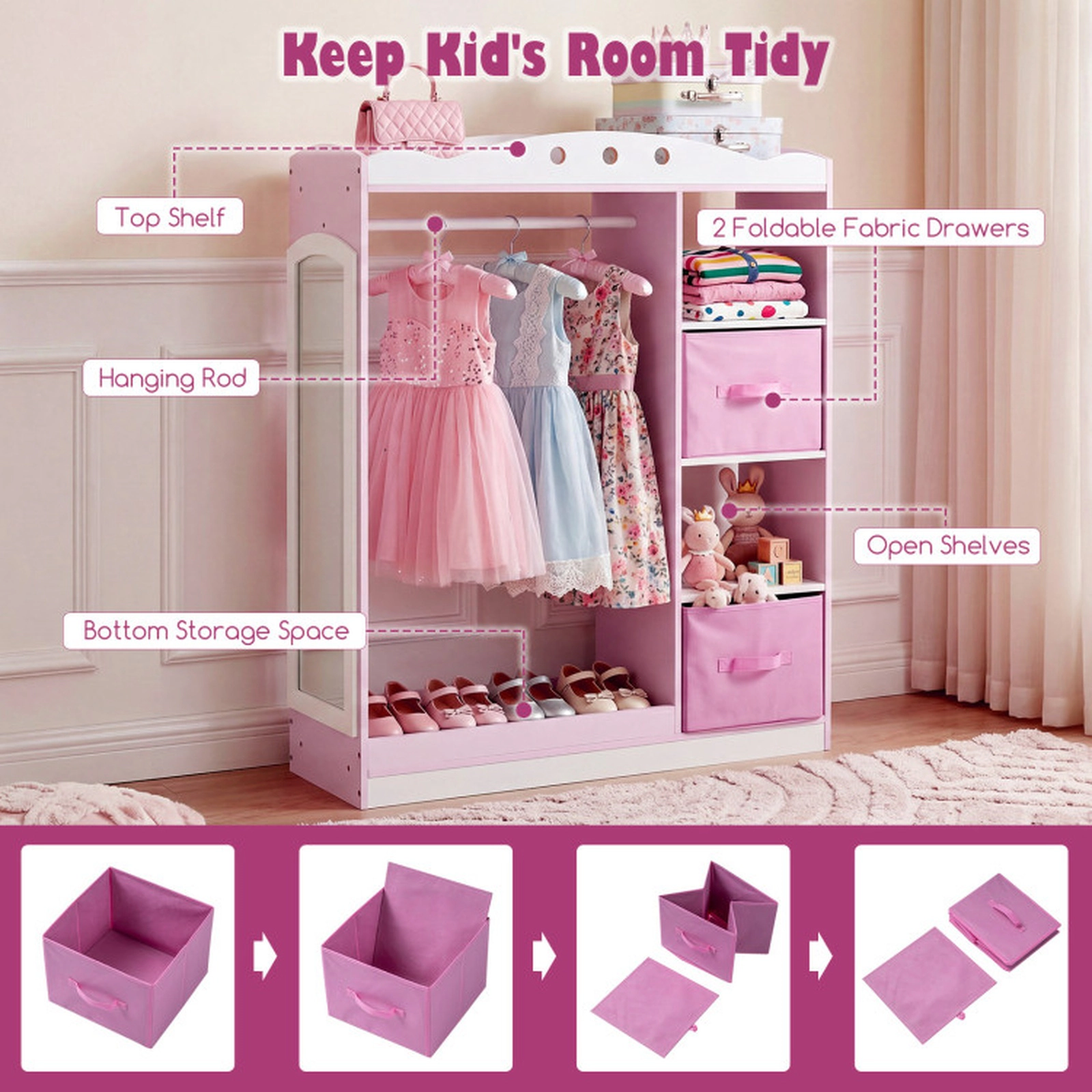 SUGIFT 44-in Pink Kids Dress Up Storage and Clothing Rack with Full Length Acrylic Mirror and 2 Fabric Drawers