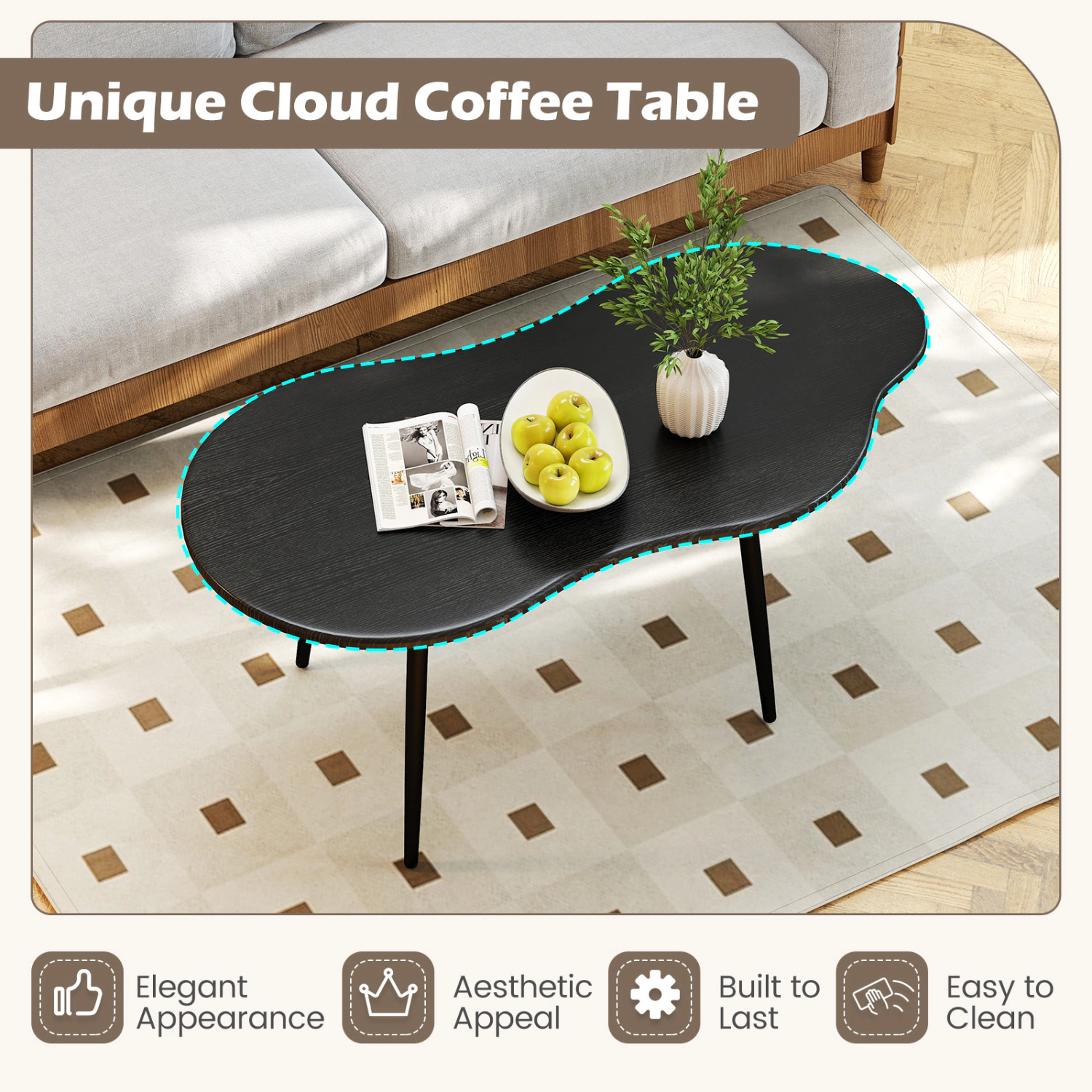 Glintex 39.5-Inch Cloud-Shaped Coffee Table with Metal Frame
