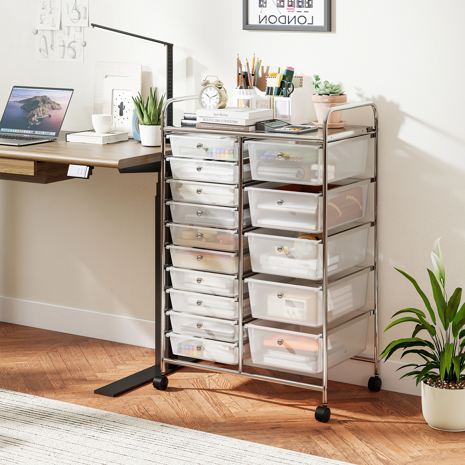 SUGIFT 15-Drawer Rolling Storage Cart Transparent with Chrome Plated Metal Frame