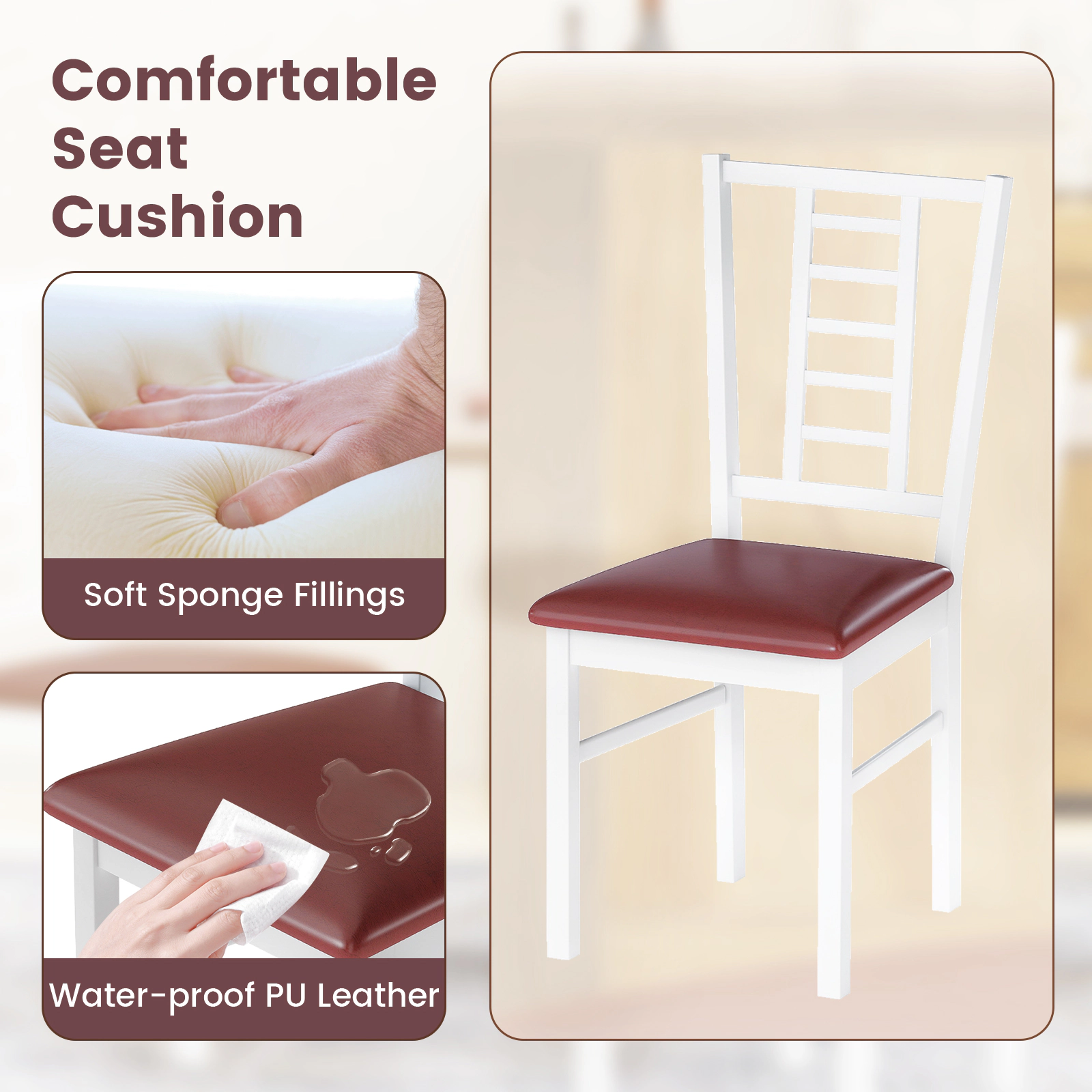 SUGIFT High-Back PU Leather Dining Chair 330-lb Capacity Walnut/White Frame Black/Brown Seat