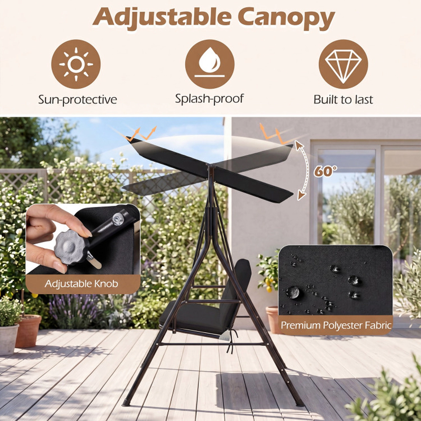 SUGIFT Adjustable Canopy and Removable Cushion 3-Seat Patio Swing Chair