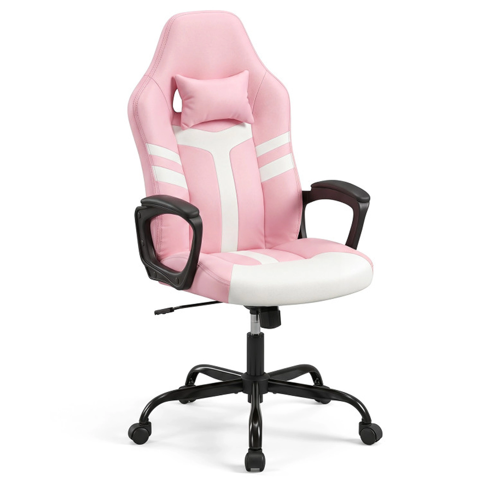 SUGIFT Faux Leather Upholstered Gaming Office Chair 275-lb Capacity with Removable Head Pillow and Rocking Function Pink