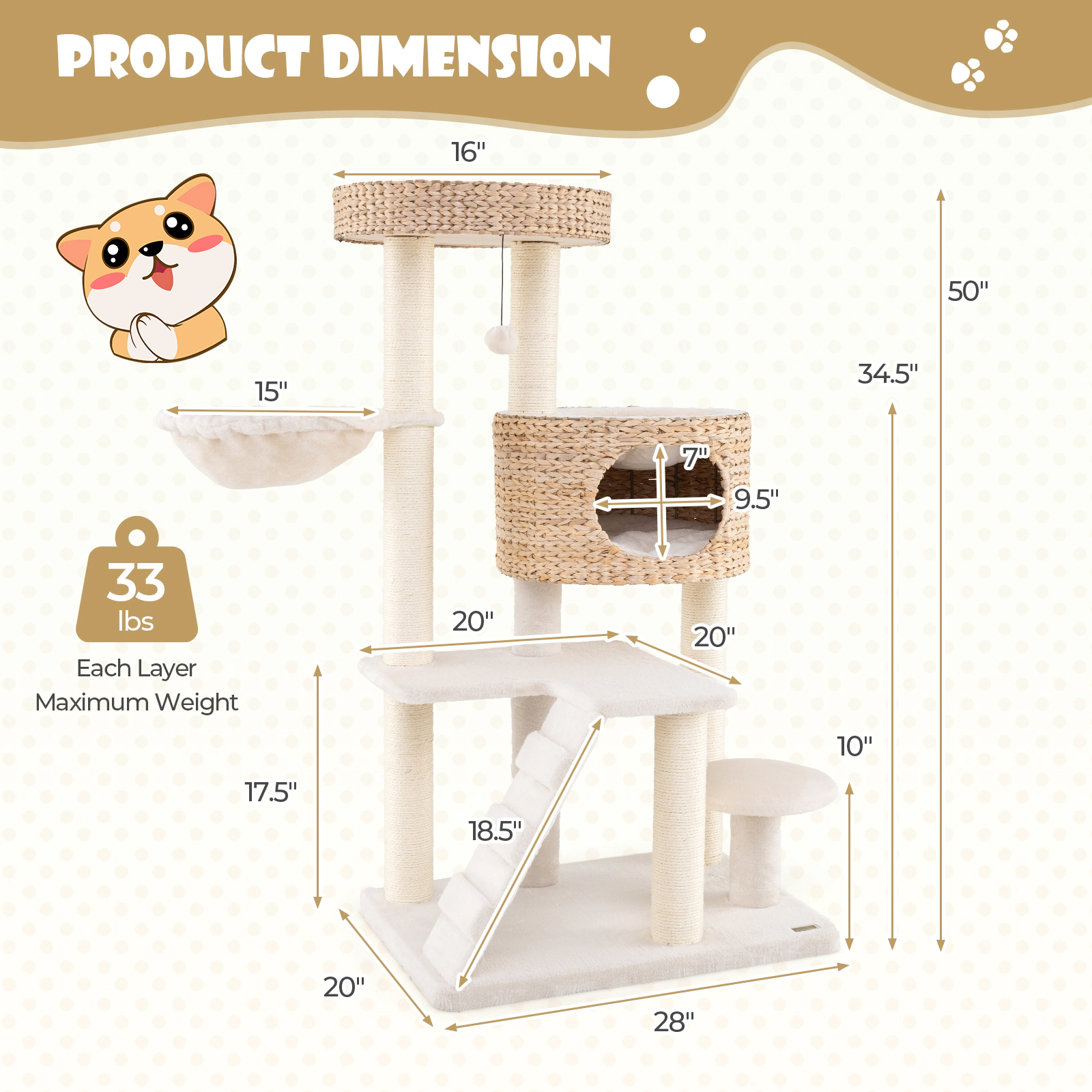 SUGIFT 50 in Modern Cat Tree Natural with Cattail Fluff Condo Hanging Basket and Top Perch