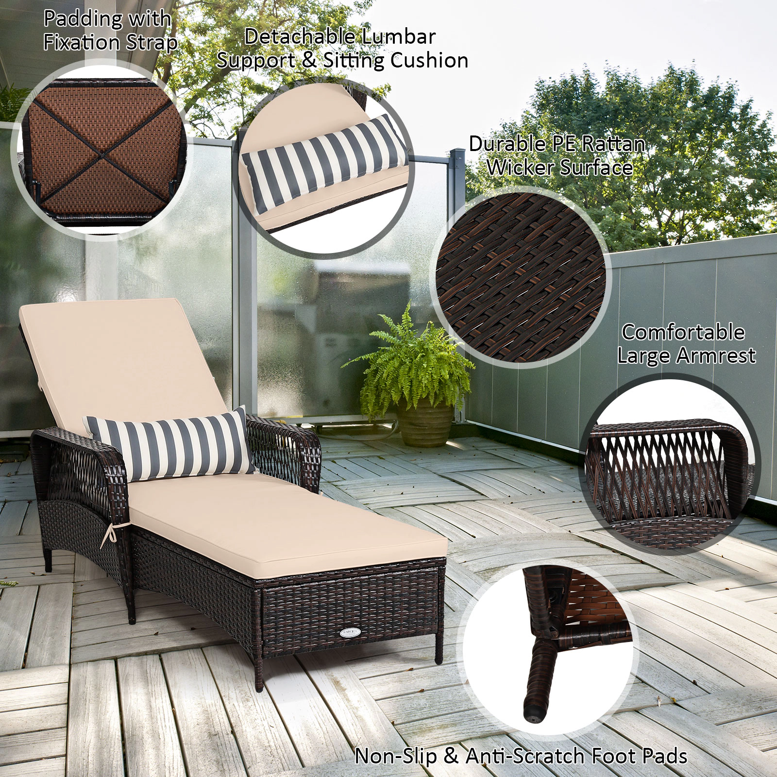 LJG PE Rattan Chaise Lounge Chair Arm Recliner Adjustable with Pillow