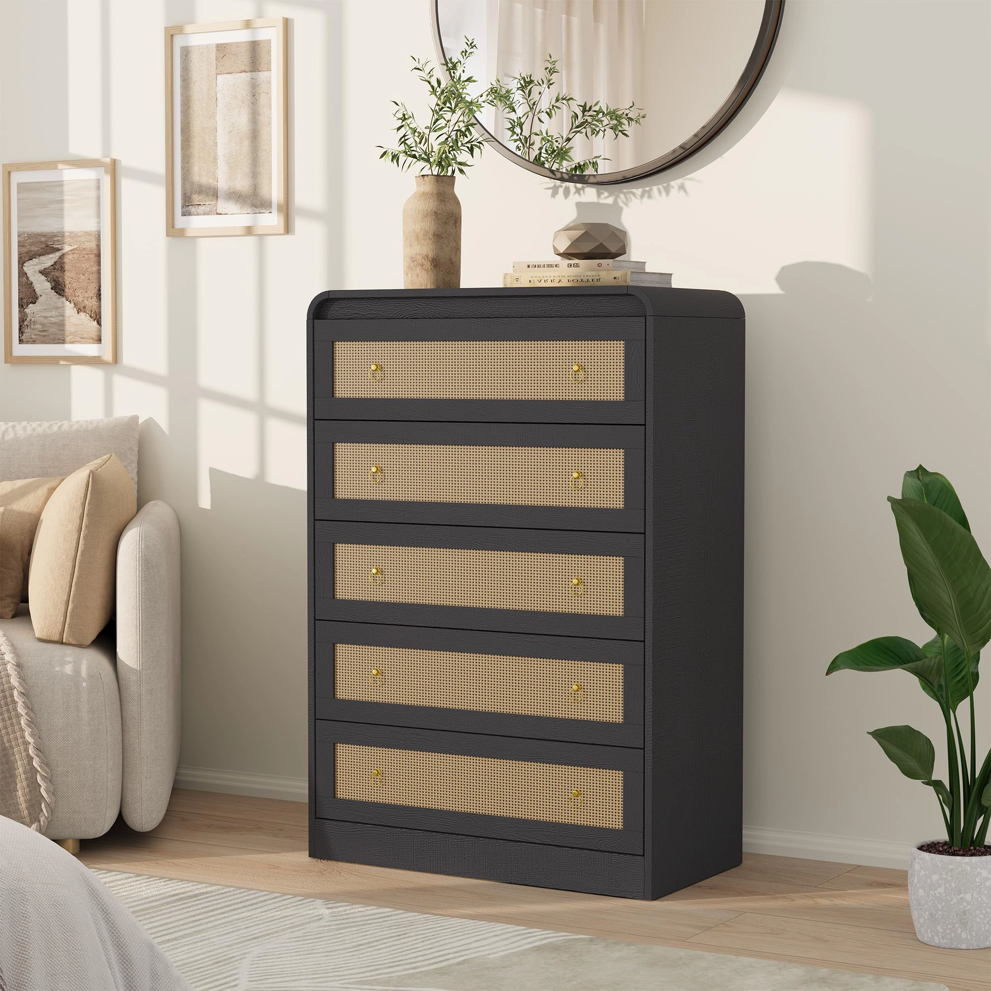 5 Drawer Rattan Dresser with Rounded Corners, 31" Tall Modern Wooden Storage Cabinet for Bedroom Living Room