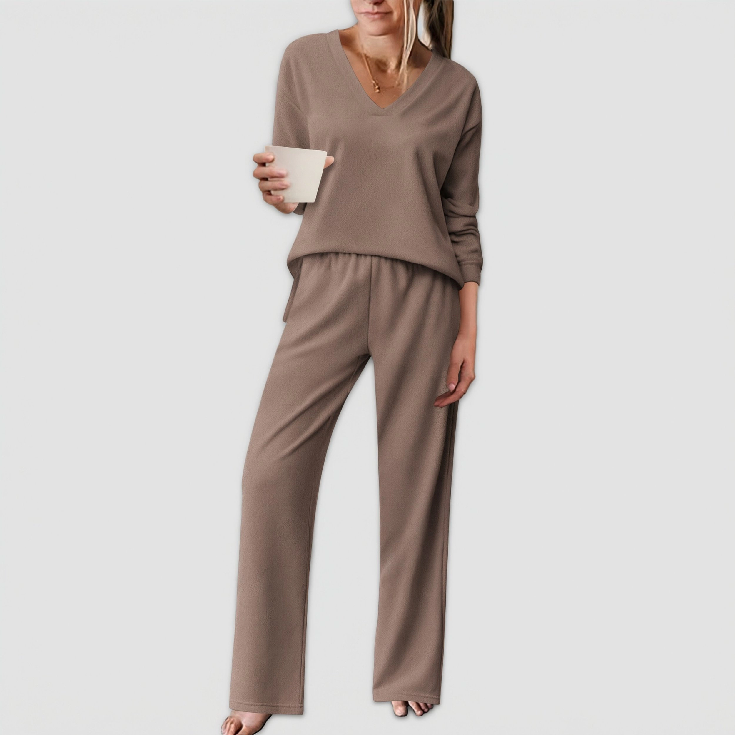 Ekouaer Pajama for Womens Set Ploar Fleece Long Sleeve Lounge Sets Pajamas V Neck Sleepwear