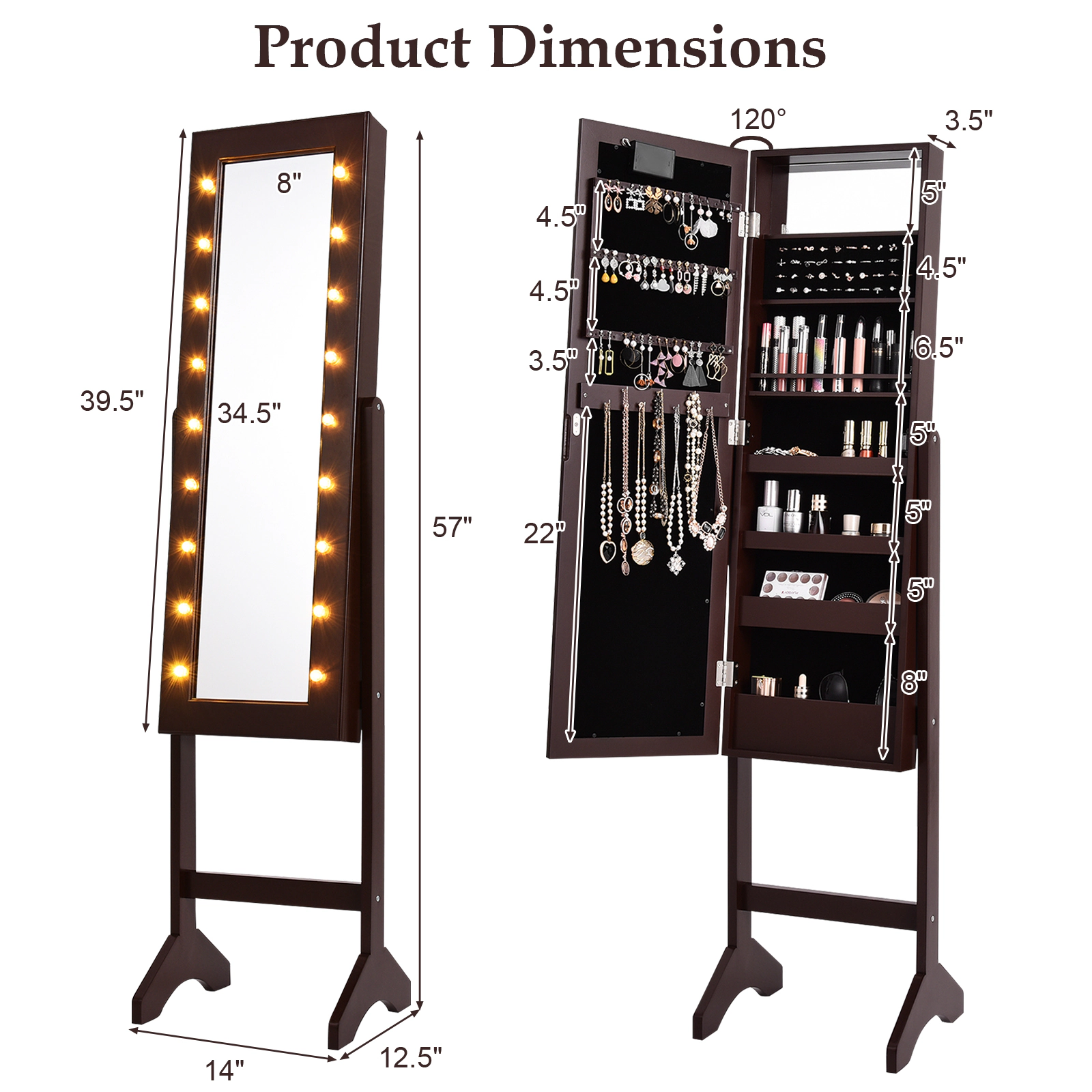 SUGIFT 57-in Freestanding Brown Mirrored Jewelry Cabinet Armoire Organizer with 18 LED Lights and Velvet Liner