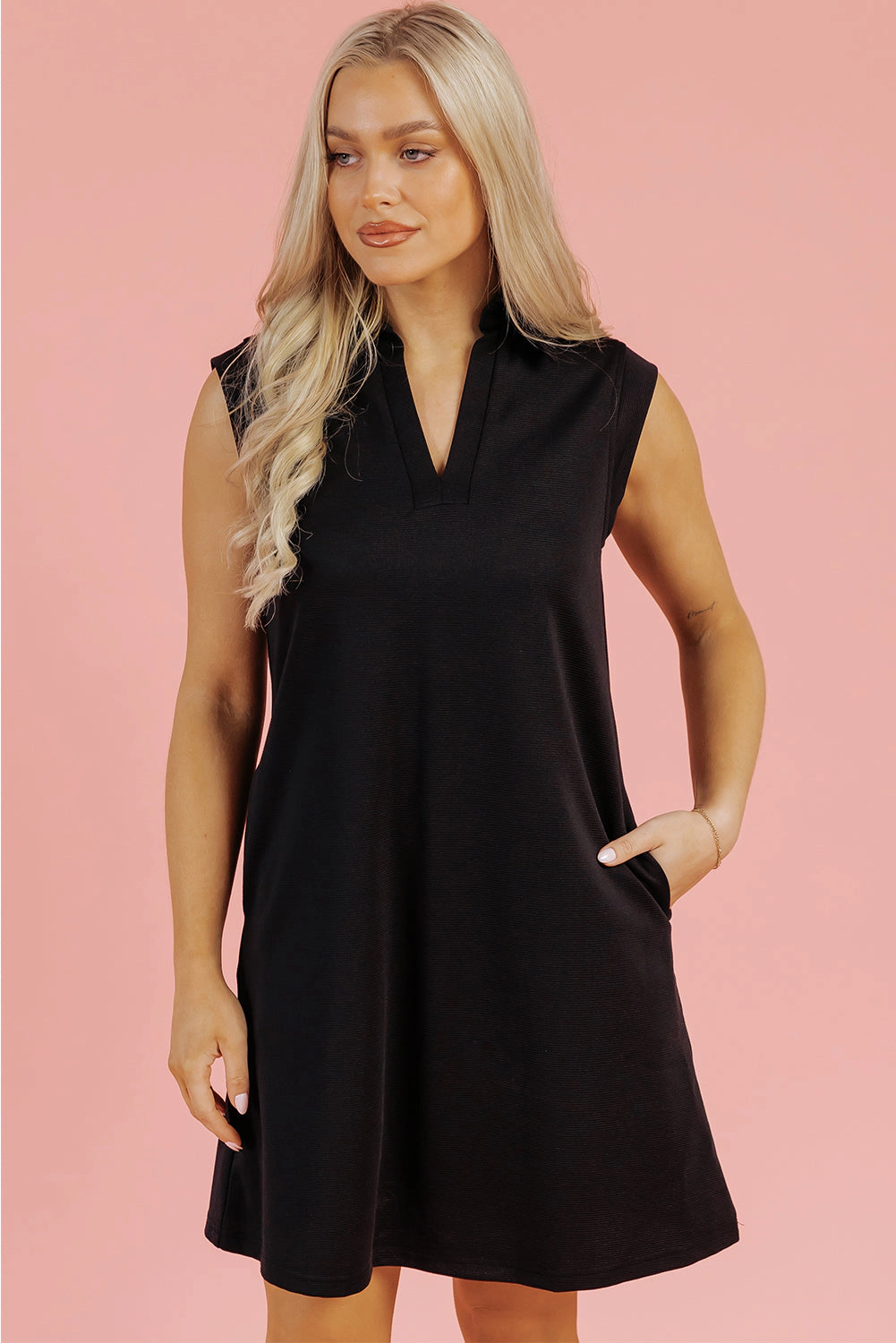 Threaded Pear Women's Kyla Collared Slit Neck Sleeveless Mini Dress