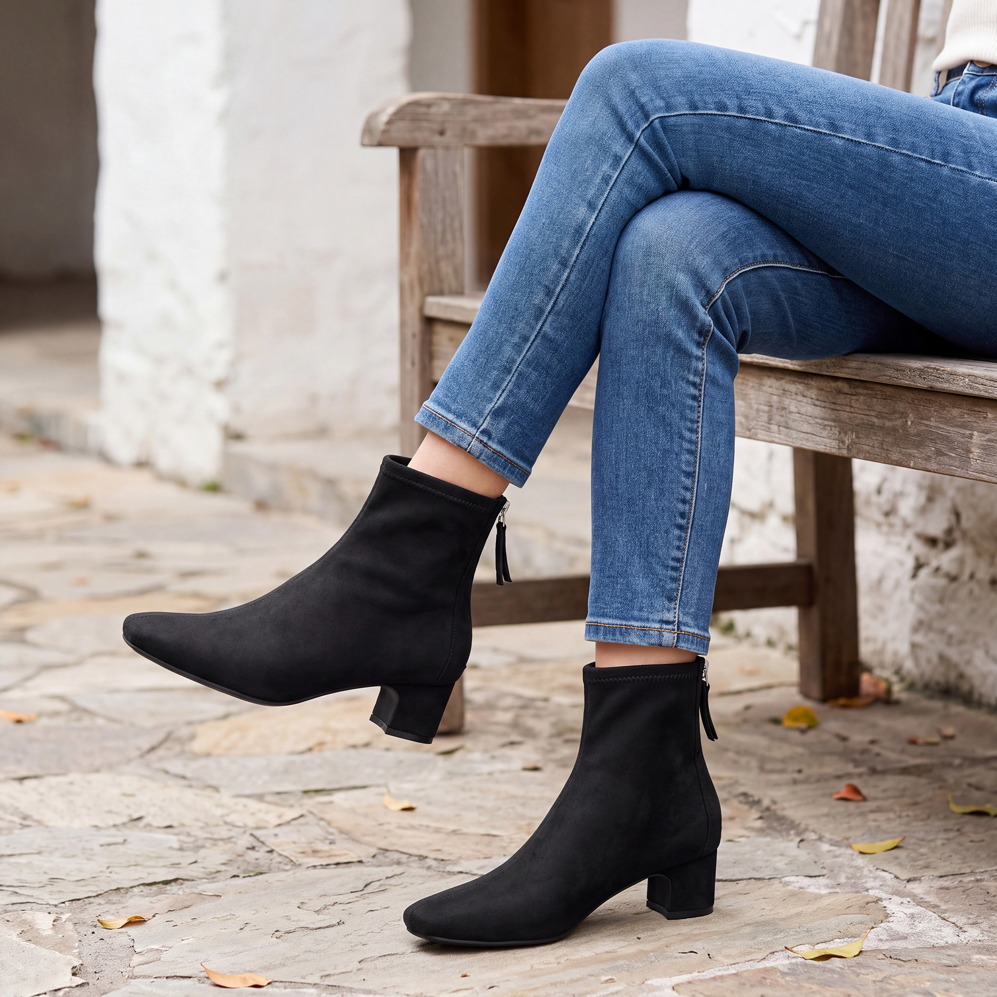 BLISSFUL STEP Women Faux Suede Square Toe Chunky Low Heels Ankle Boots Back Zip