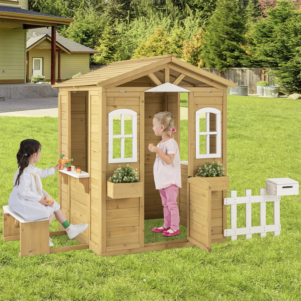 SUGIFT Natural Bench Serving Window and Mailbox for Ages 2 and Up Wooden Kids Playhouse