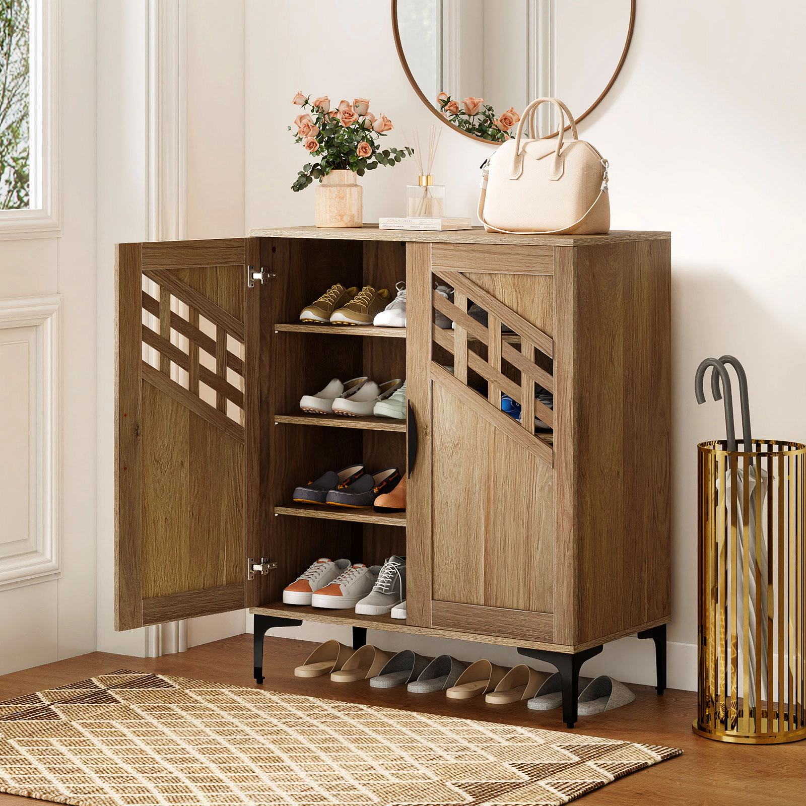 SUGIFT 4 Tier Farmhouse Shoe Storage Cabinet with Removable Shelves and Metal Legs 180-lb Capacity Walnut