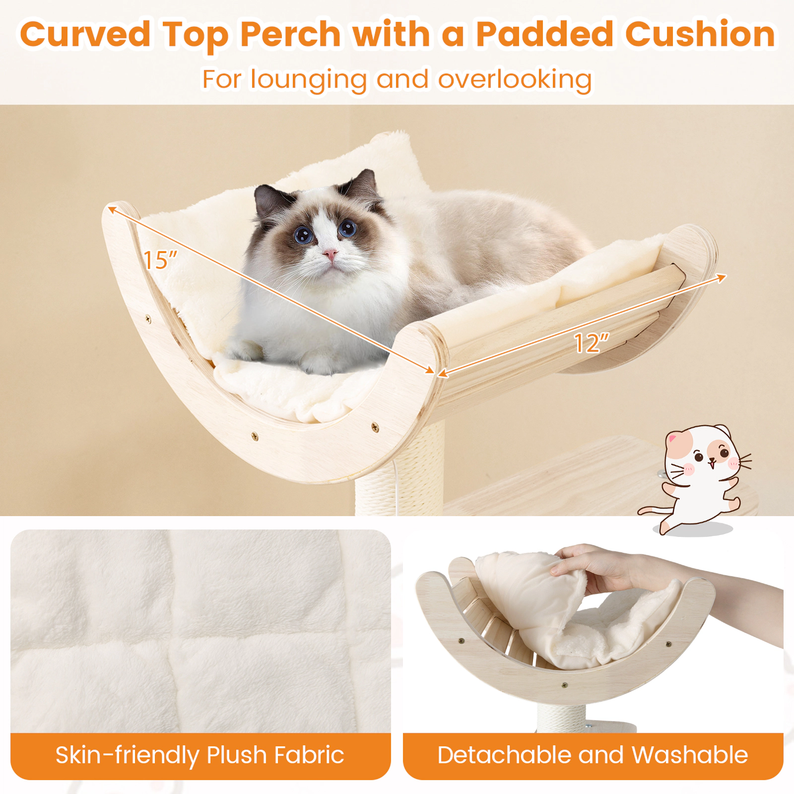 SUGIFT 55.5-in Natural Wooden Cat Tree with Top-Hole Condo Curved Perch Basket and 3 Washable Platforms