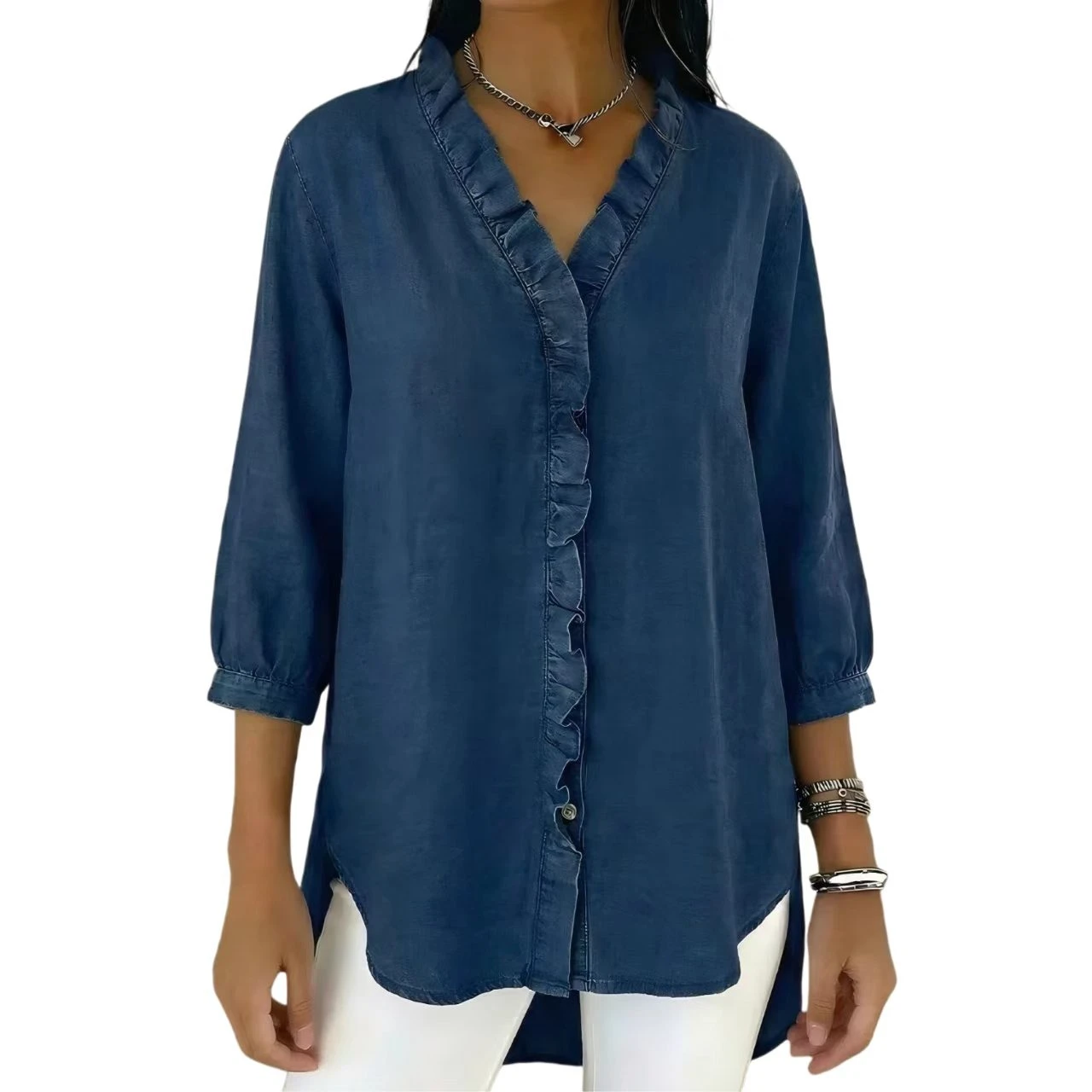 YesFashion Womens Denim Shirt Button Down 3/4 Sleeve Ruffled Edge Jean Blouses Tops