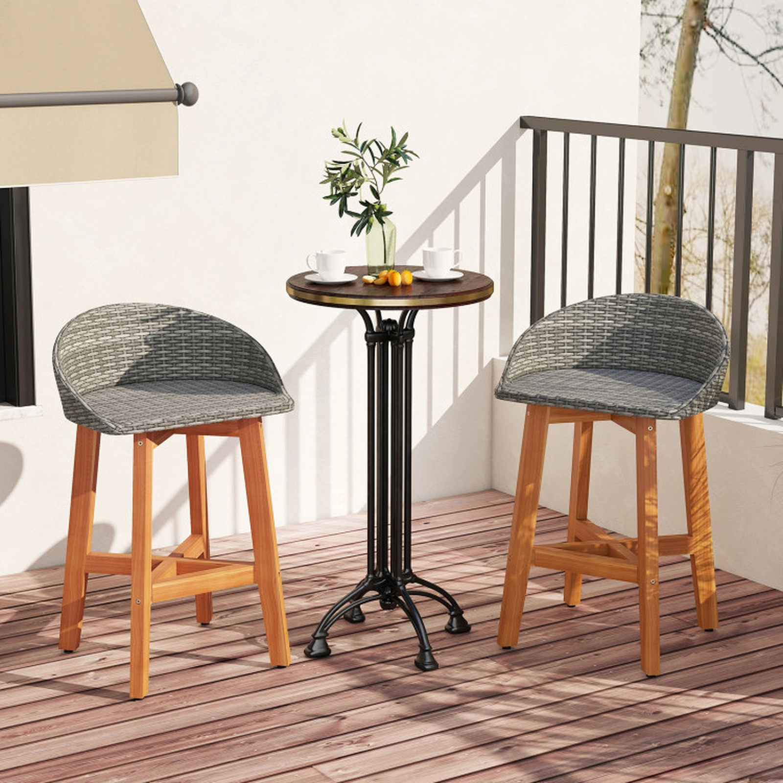 SUGIFT Acacia Wood Legs and Footrest 400-lb Set of 2 Outdoor Faux Rattan Bar Stools
