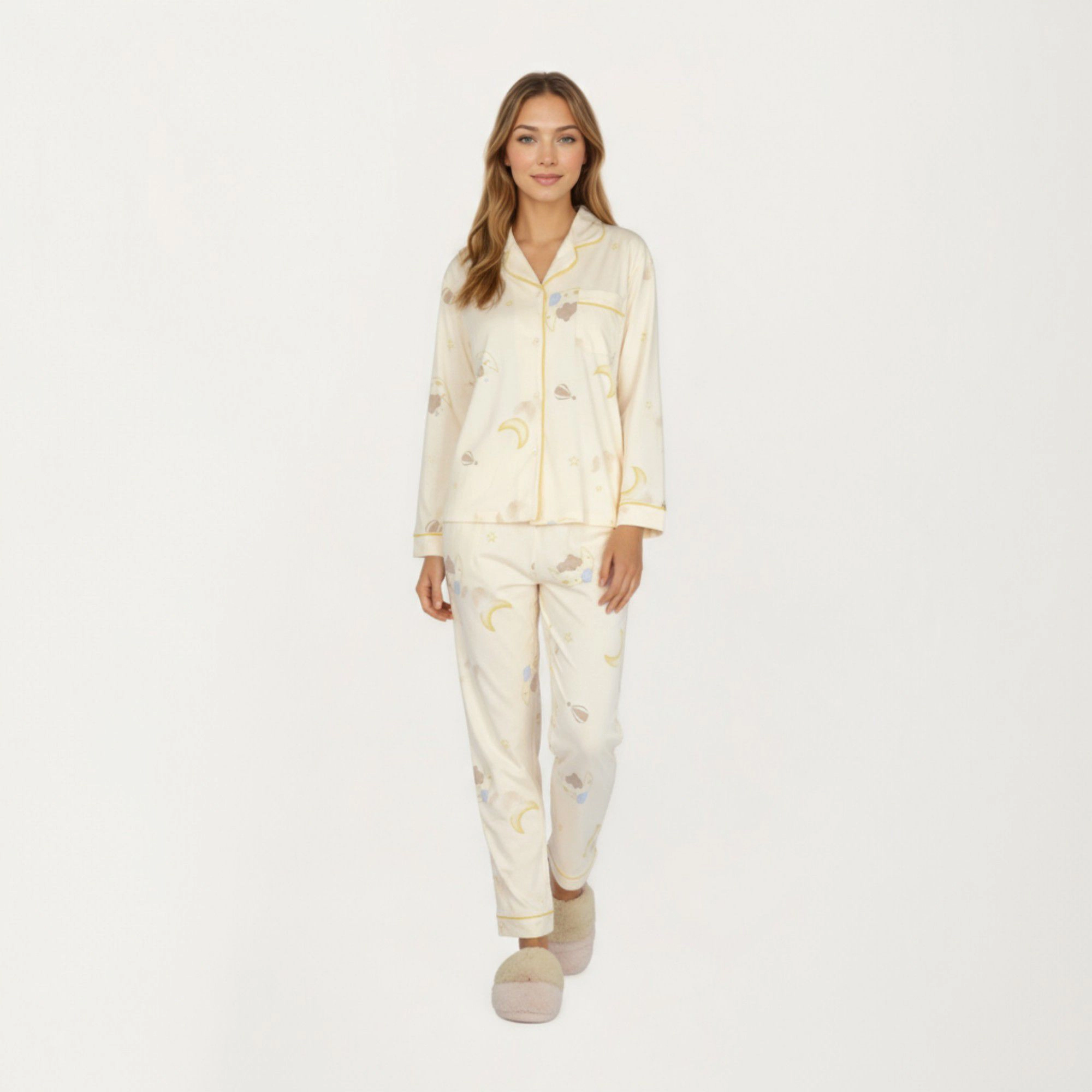 Anna-Kaci Women's 2-Piece Long Sleeve Button Front Top and Relaxed Fit Pants Pajama Set with Moon Star Print
