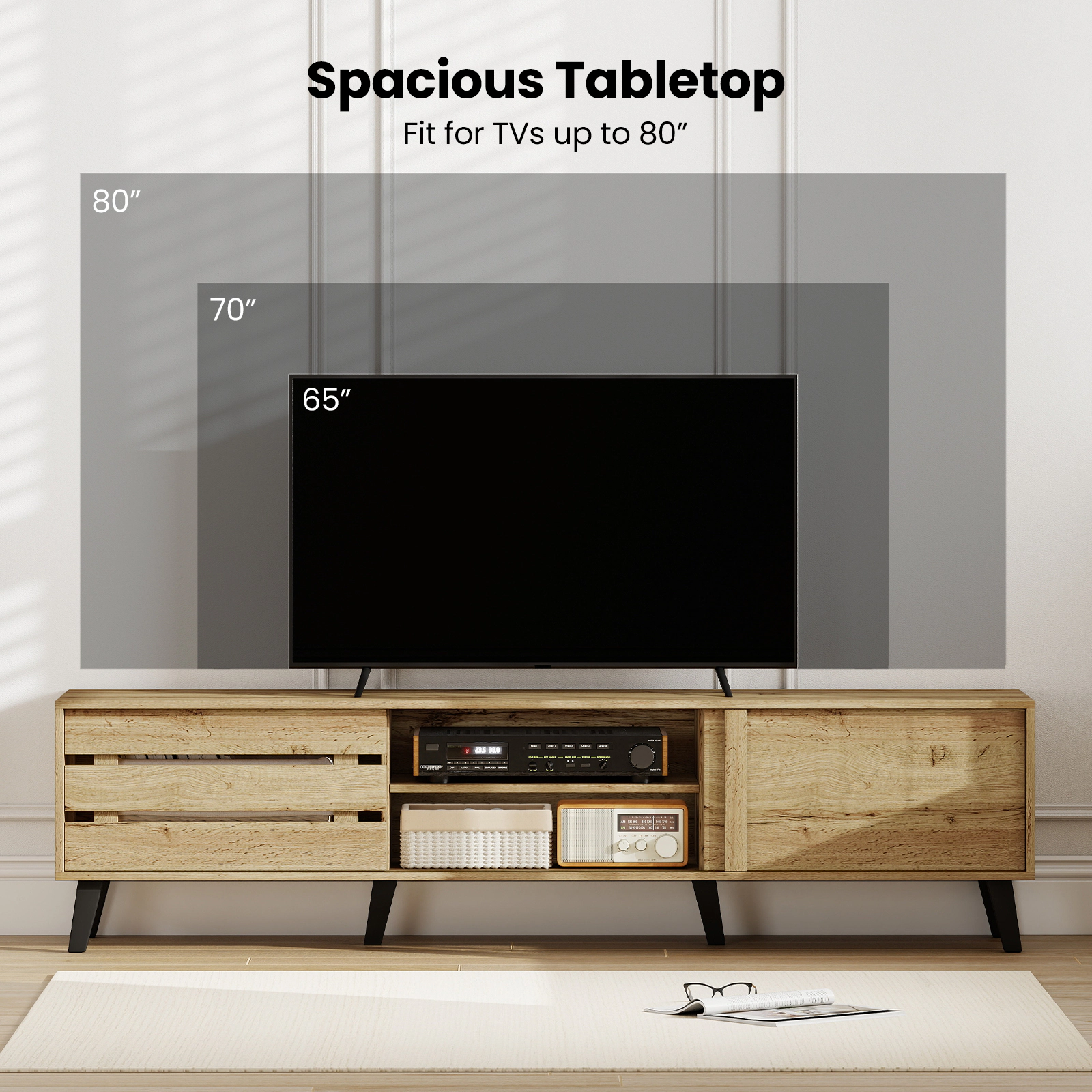 Glintex 71-Inch Mid-Century TV Stand with Sliding Door Cabinets, Oak