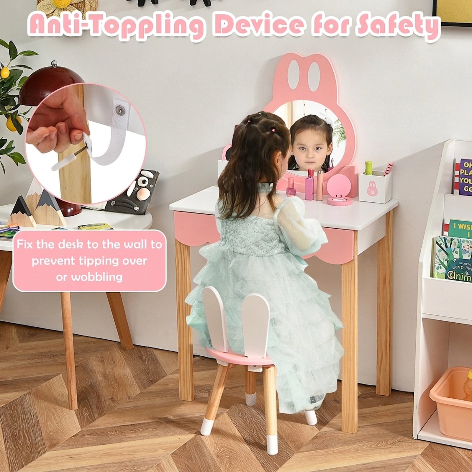 SUGIFT Kids Rabbit Mirror Removable Top Drawer Vanity Table and Chair Set 23.5-in x 13.5-in x 40.5-in 44-lb White