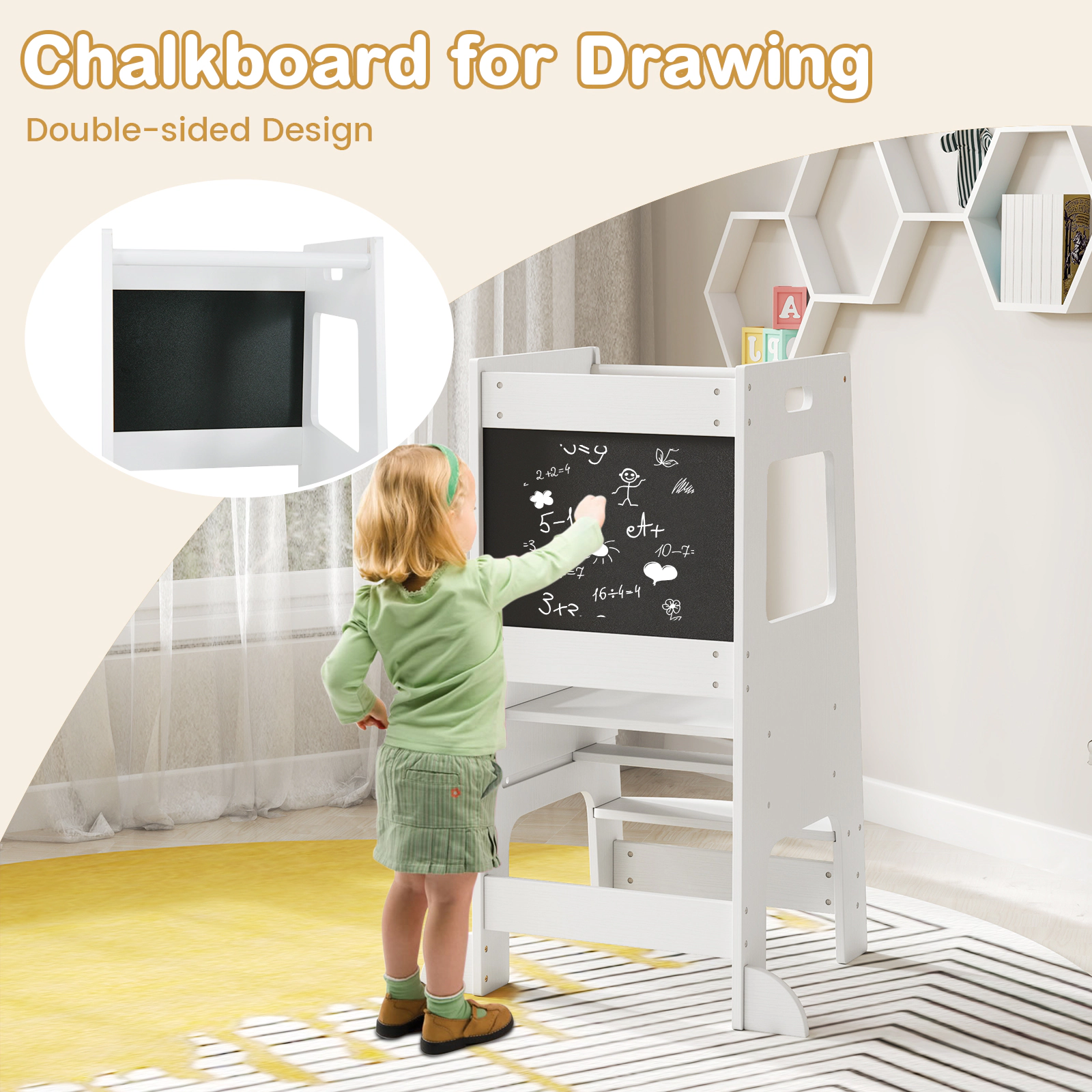 SUGIFT Toddler Kitchen Step Stool with Activity Chalkboard and Adjustable Height 132-lb Capacity Ages 3+ Natural/White
