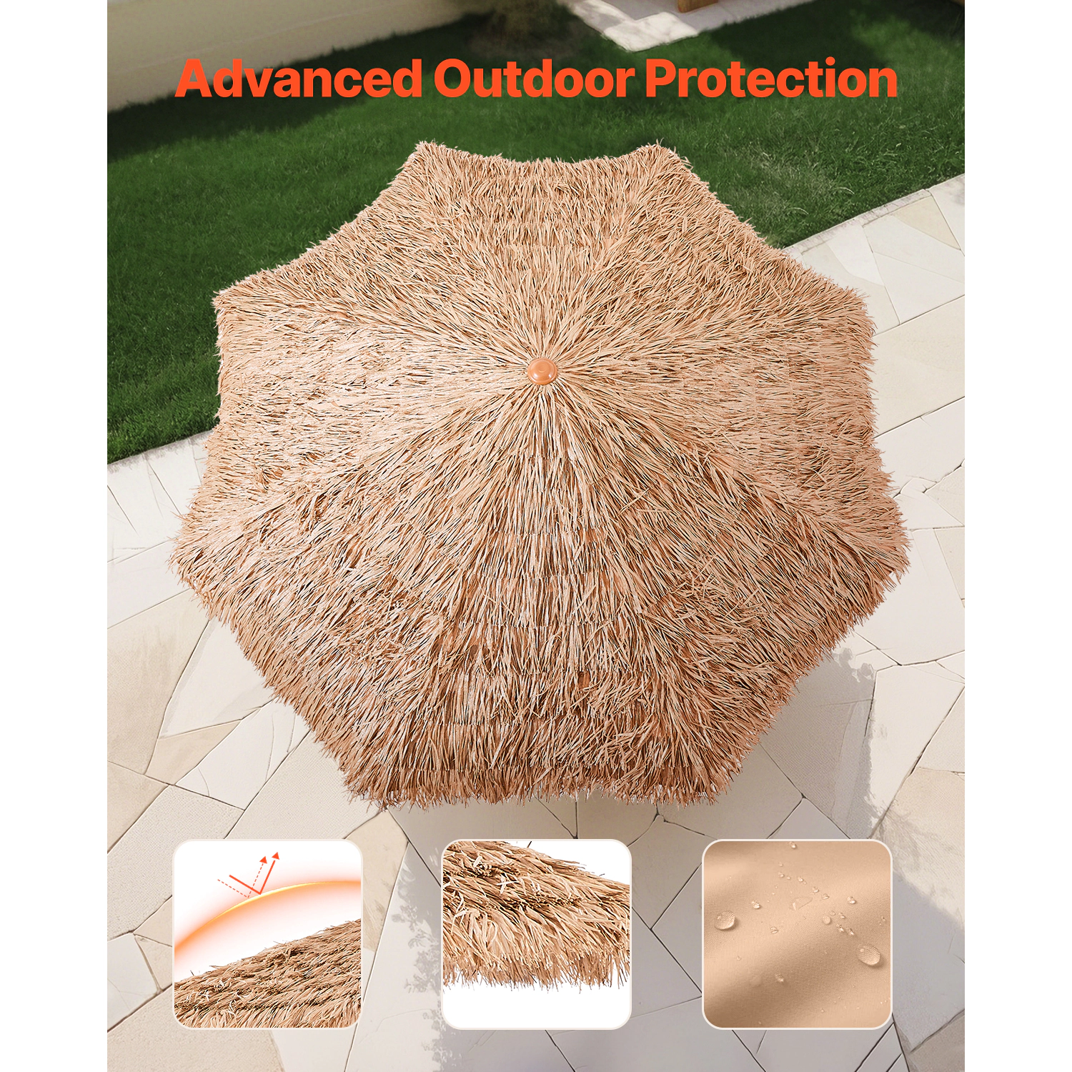 HONGGE Tiki Umbrella 9 ft Thatched Patio Umbrella with Tilt Hawaiian Style Beach Parasol, PP Thatch, 8 Metal Ribs