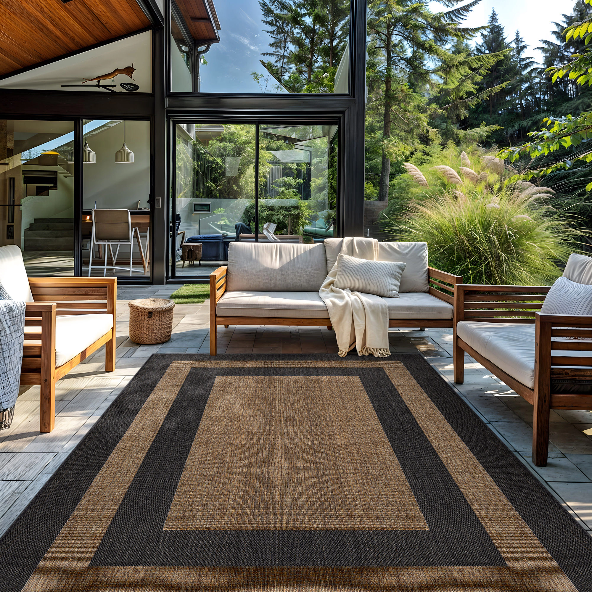 World Rug Gallery Geometric Border Indoor/Outdoor Flat Woven Area - Natural Jute-Style