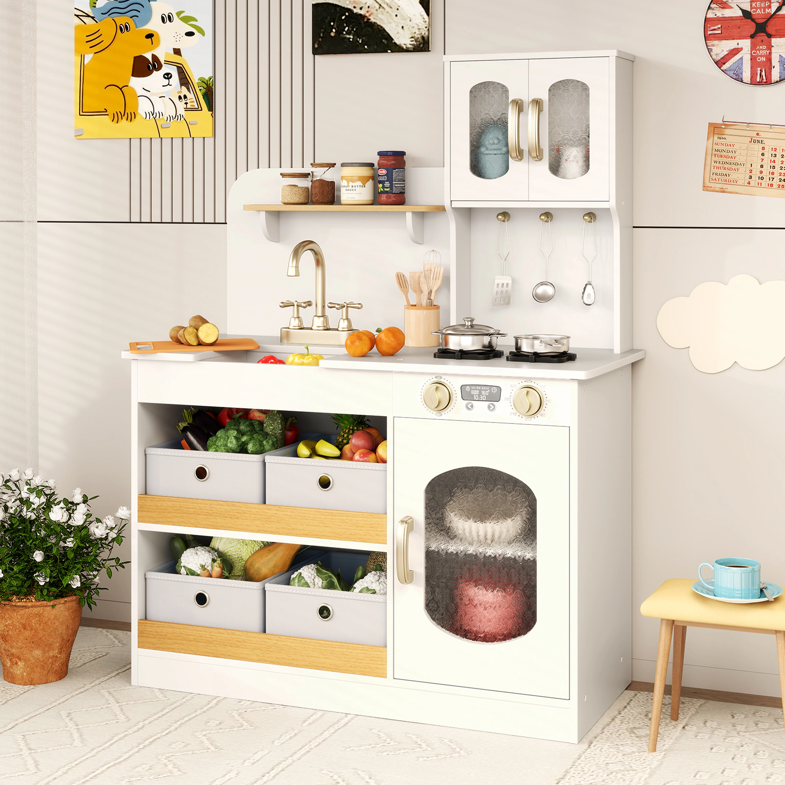 LJG Kids Kitchen Playset with Cooking Accessories and Toy Cuttable Veggies