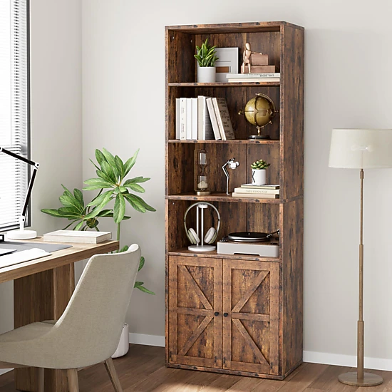 BebreezChic Tall Bookcase with Doors, 4-Tier Wooden Bookshelf