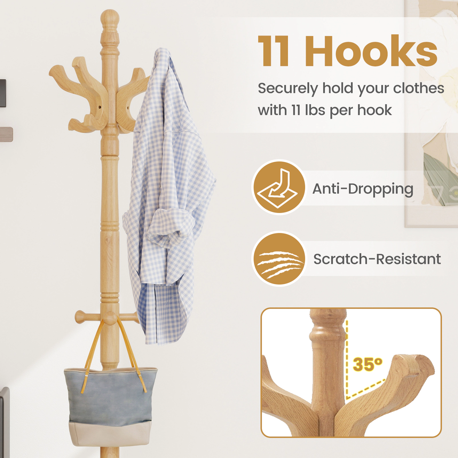 SUGIFT Solid Wood Hall Tree 11 Hooks & 3 Height Options Coat Rack 11-lb Capacity Per Hook 72-in Tall Natural Rubber Wood