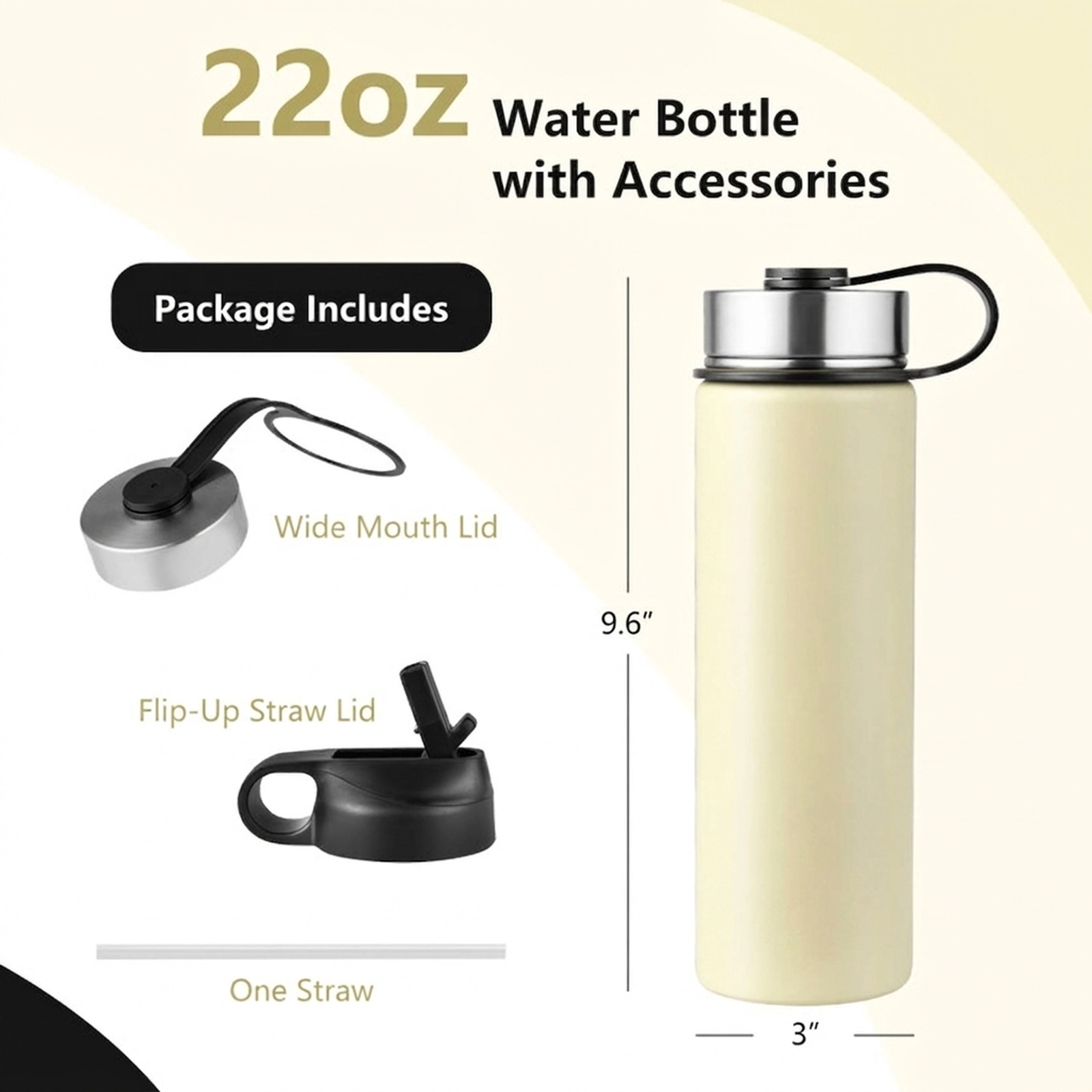 SUGIFT 22-oz Beige Insulated Stainless Steel Water Bottle with 2 Lids and Flip-Up Straw 3-in Dia 9.6-in H
